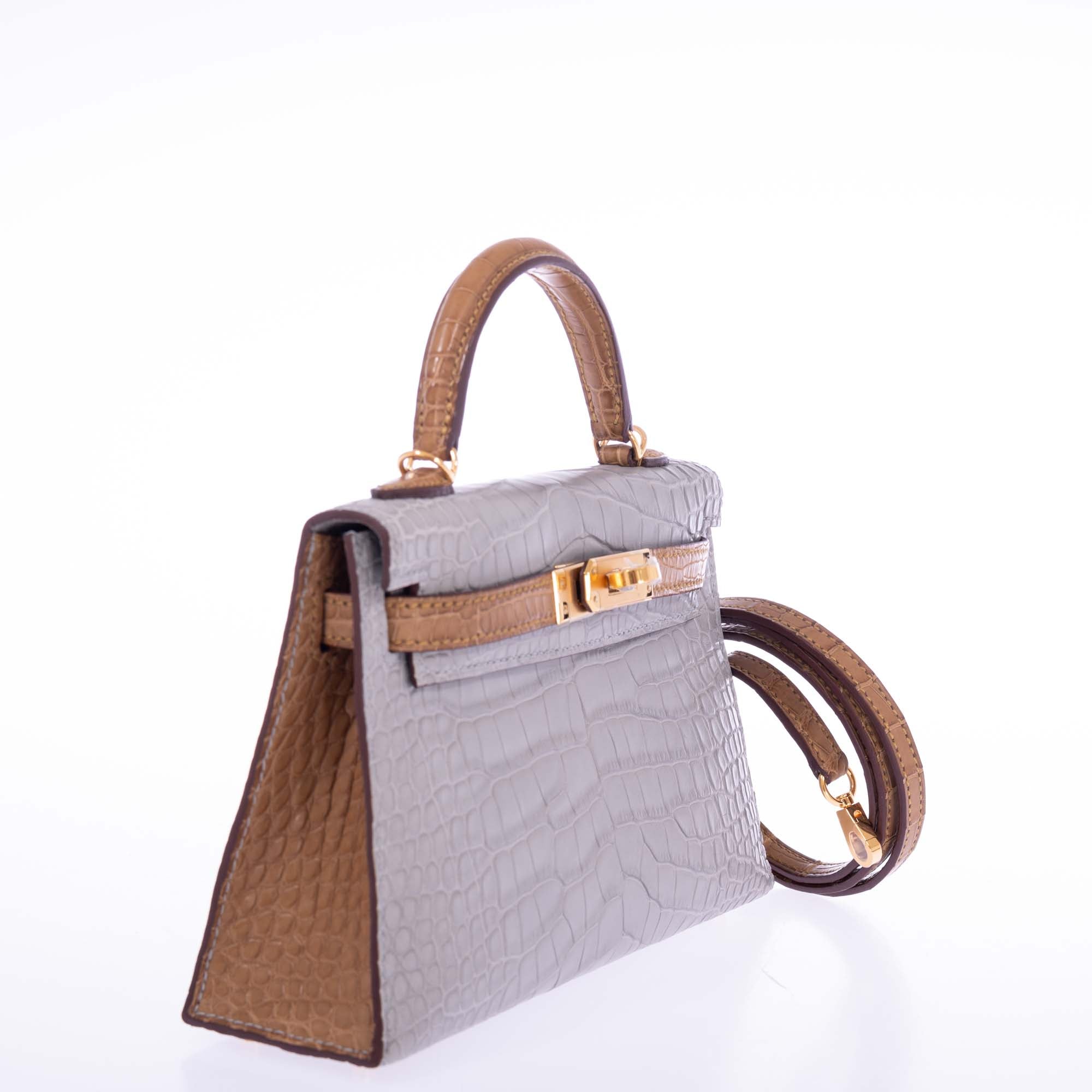 Hermès Mini Kelly 20 II Sellier HSS Gris Perle / Kraft Matte Alligator Gold Hardware