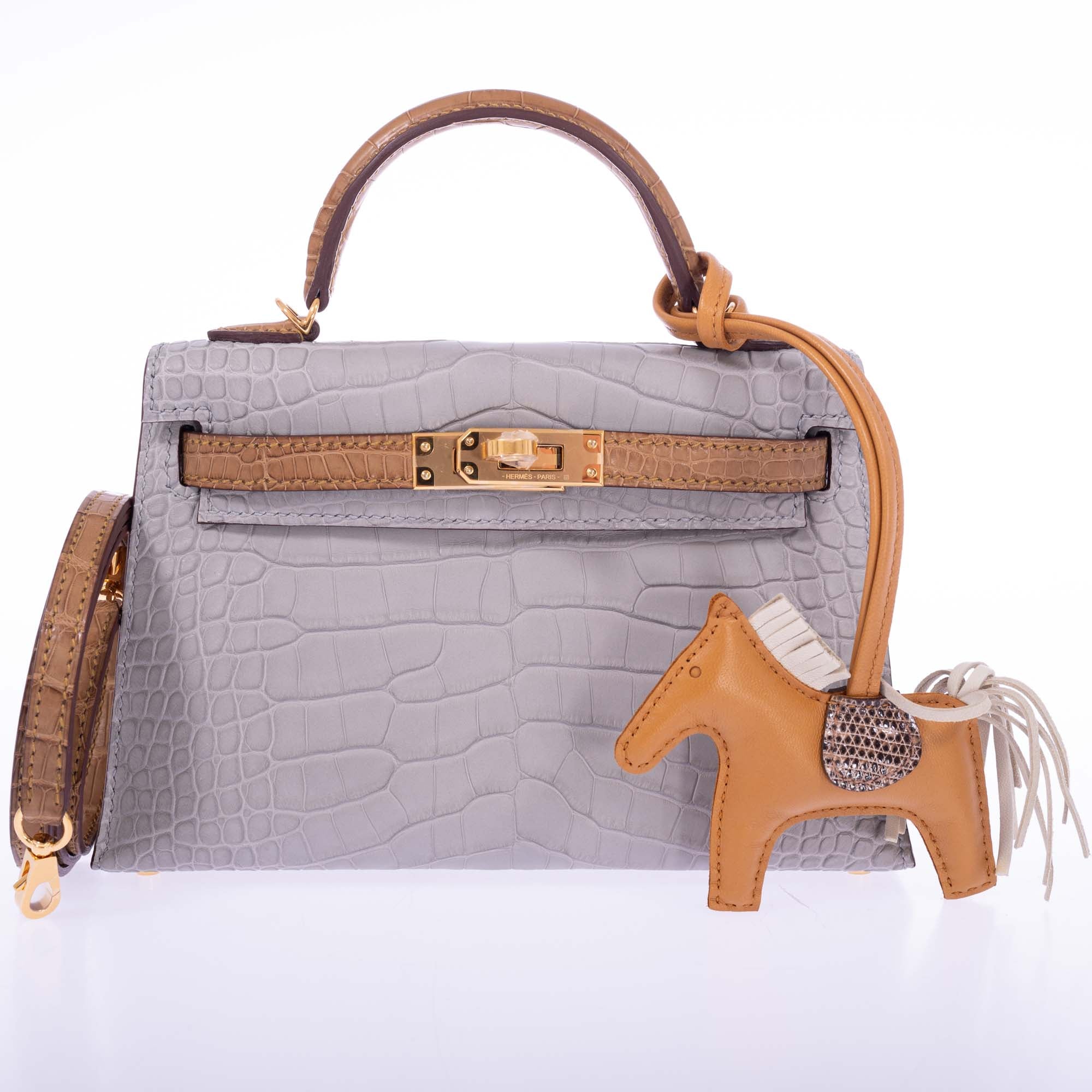 Hermès Mini Kelly 20 II Sellier HSS Gris Perle / Kraft Matte Alligator Gold Hardware