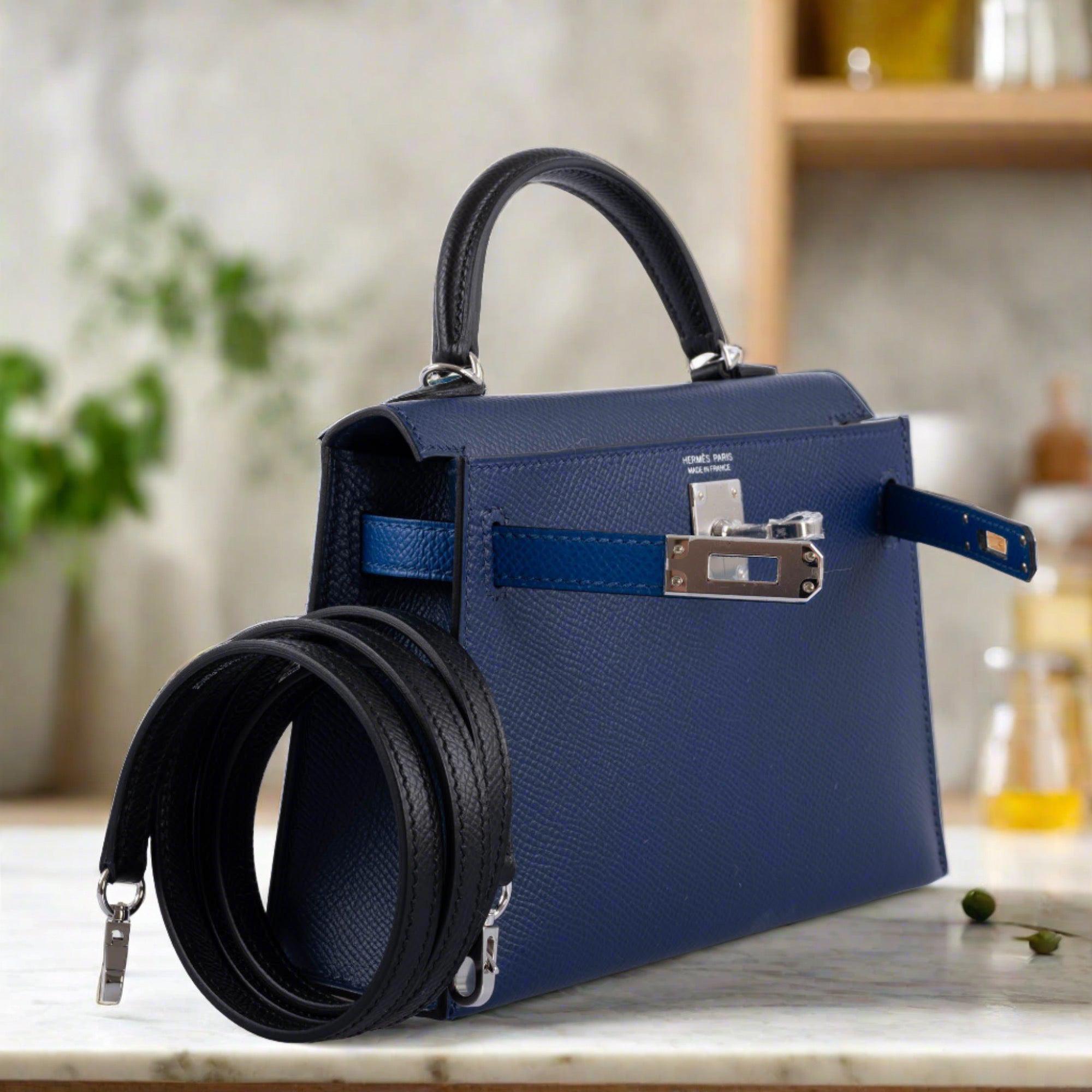 Hermès Mini Kelly 20 Tricolor Bleu Saphir, Blue France & Black Epsom Leather Palladium Hardware