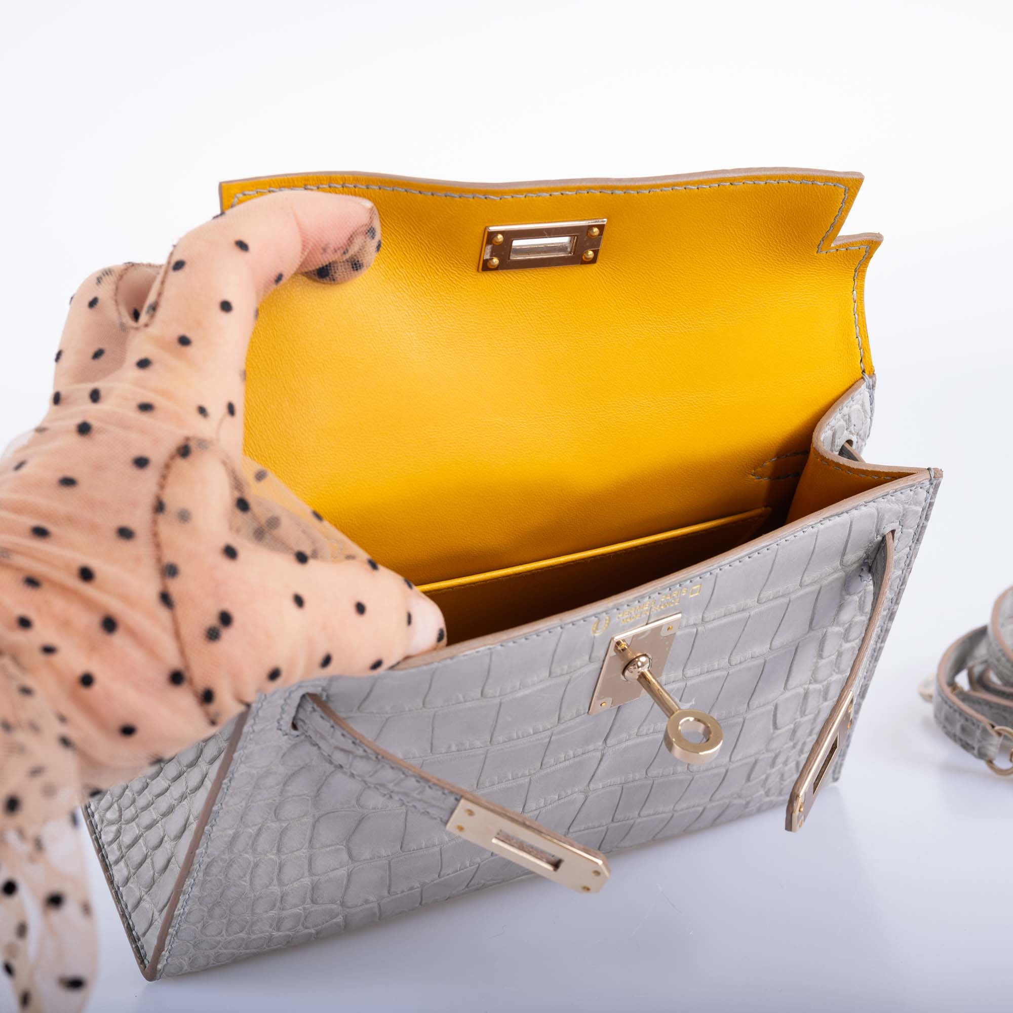 Hermès Mini Kelly II 20 Sellier HSS Gris Perle & Jaune Ambre Verso Matte Alligator Permabrass Hardware