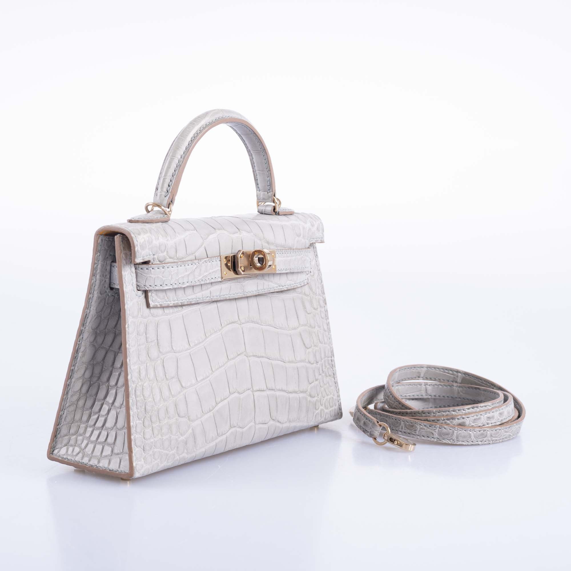 Hermès Mini Kelly II 20 Sellier HSS Gris Perle & Jaune Ambre Verso Matte Alligator Permabrass Hardware