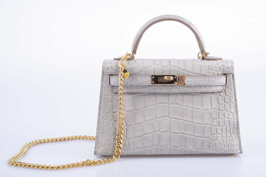 Hermès Mini Kelly II 20 Sellier HSS Gris Perle & Jaune Ambre Verso Matte Alligator Permabrass Hardware