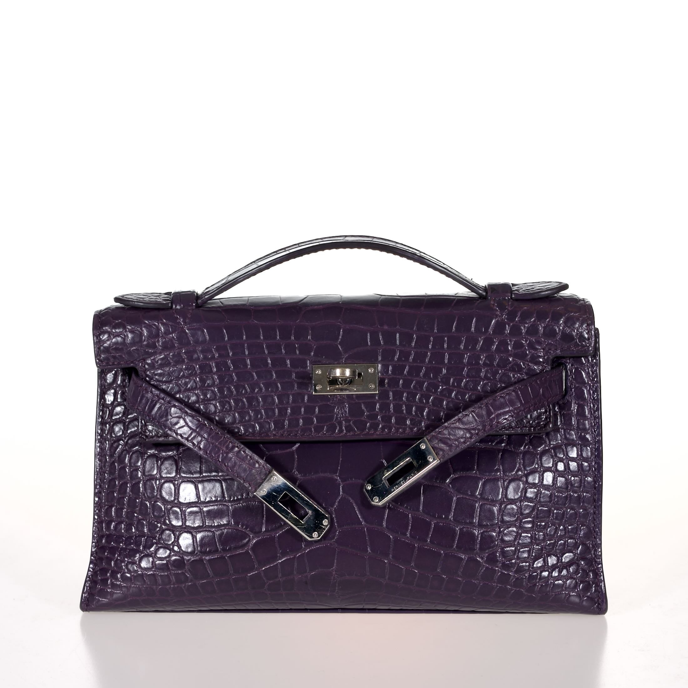 Hermès Mini Kelly Pochette Prunoir Matte Alligator with Palladium Hardware