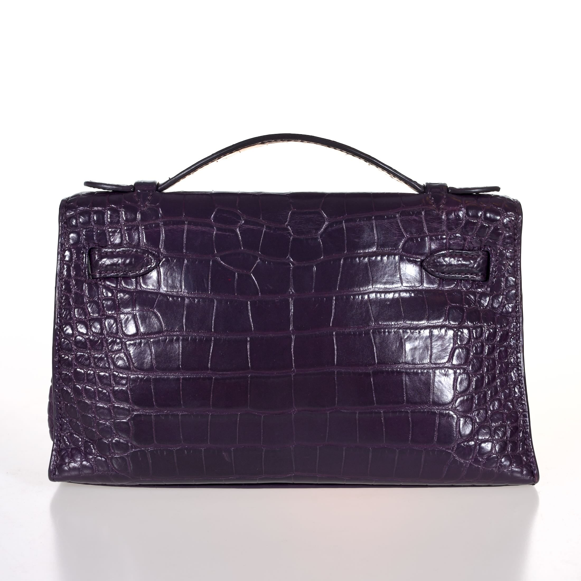 Hermès Mini Kelly Pochette Prunoir Matte Alligator with Palladium Hardware