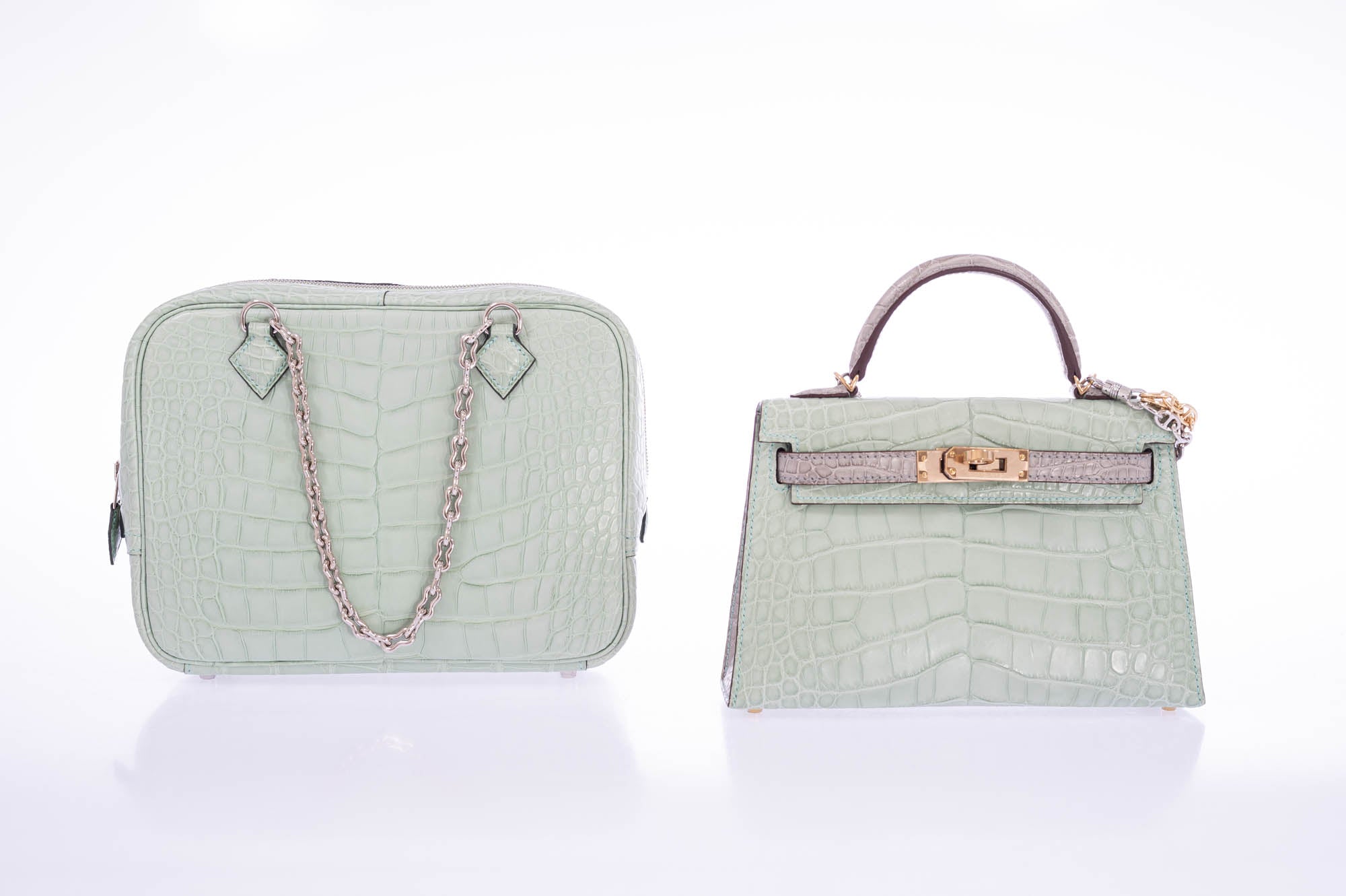Hermès Mini Plume Chaine Matte Alligator Vert D'eau Palladium Hardware