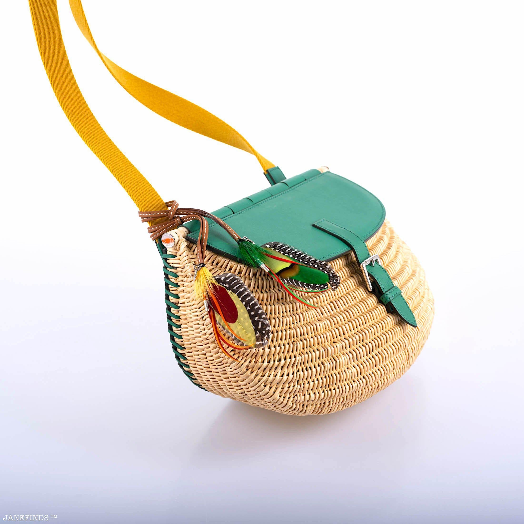 Hermès Picnic Fish Basket Vert Vertigo Swift and Osier Wicker Palladium Hardware