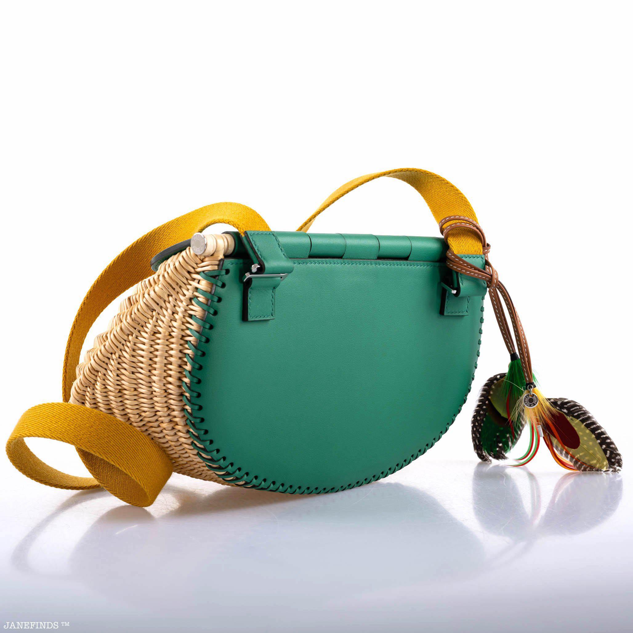 Hermès Picnic Fish Basket Vert Vertigo Swift and Osier Wicker Palladium Hardware