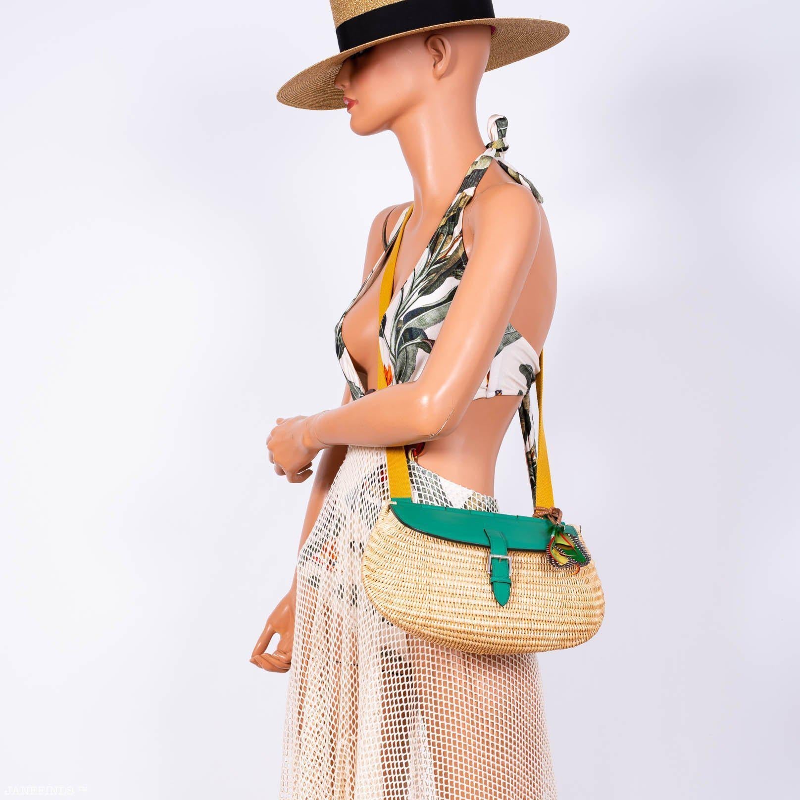 Hermès Picnic Fish Basket Vert Vertigo Swift and Osier Wicker Palladium Hardware