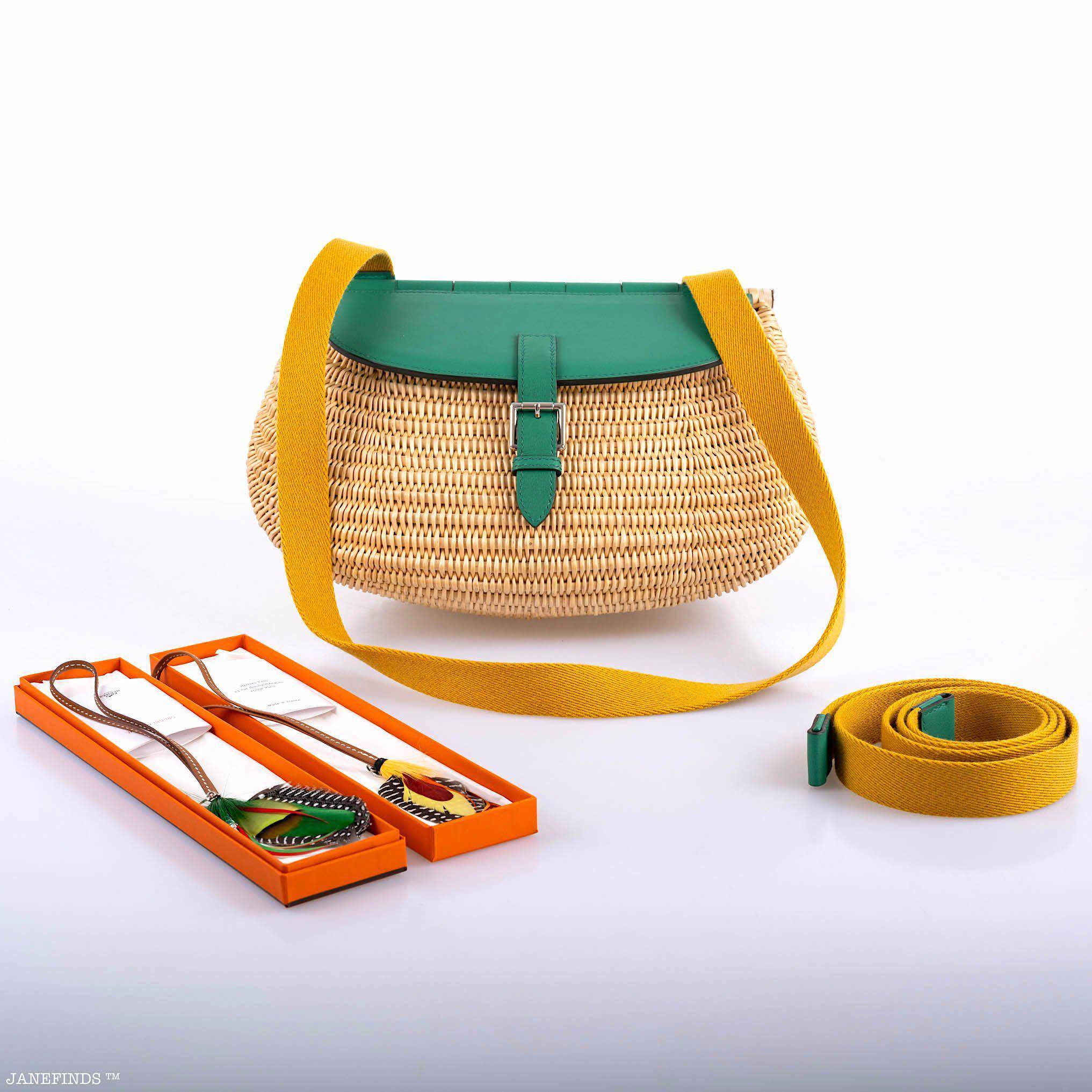 Hermès Picnic Fish Basket Vert Vertigo Swift and Osier Wicker Palladium Hardware