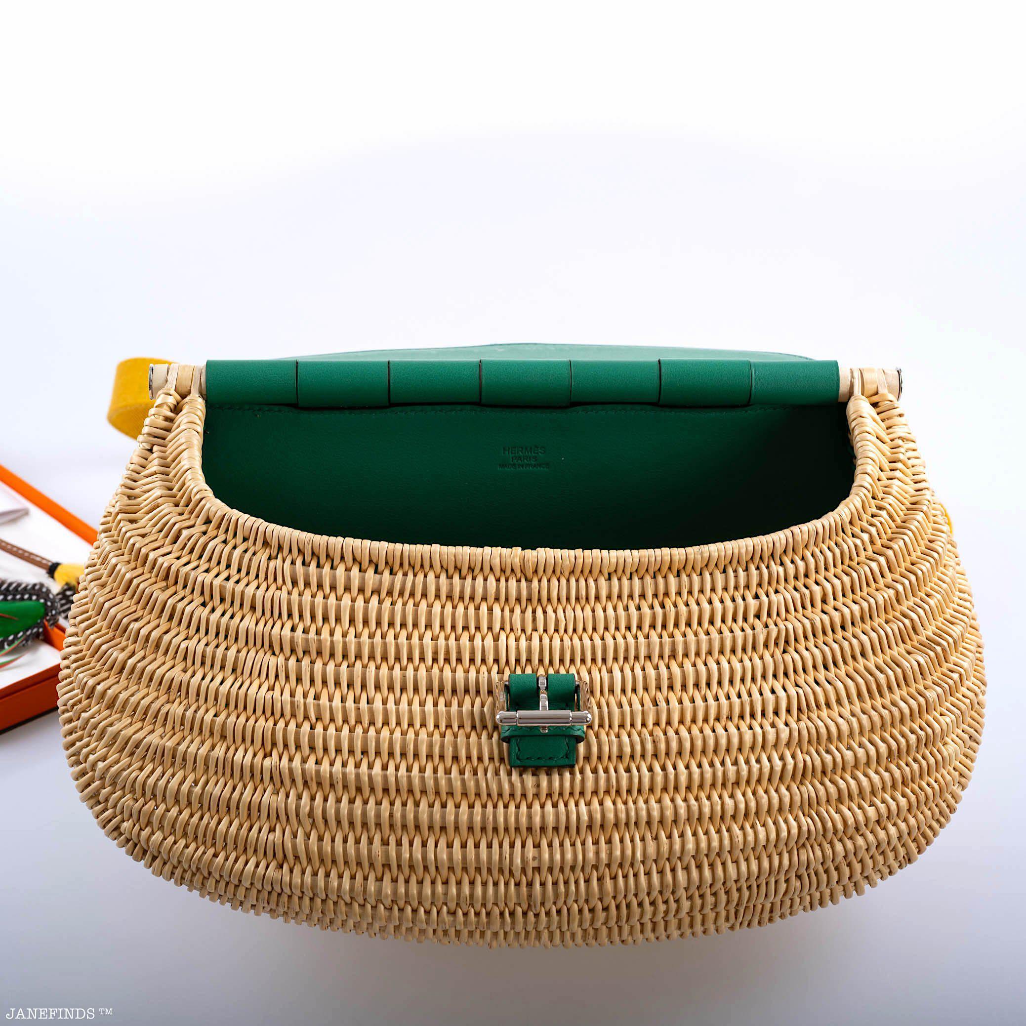 Hermès Picnic Fish Basket Vert Vertigo Swift and Osier Wicker Palladium Hardware