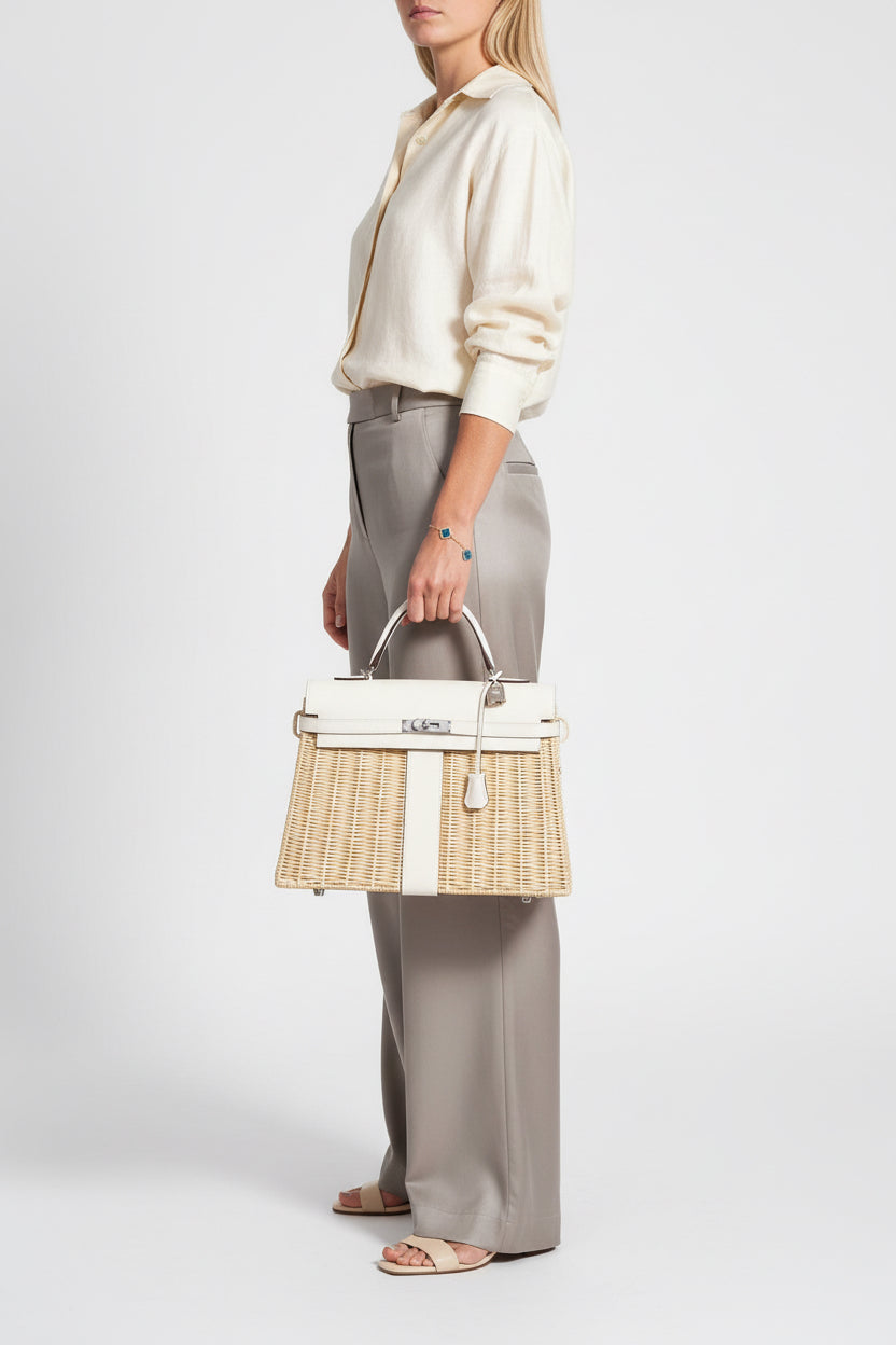 Hermès Picnic Kelly 35 Nata Swift and Osier Wicker Palladium Hardware