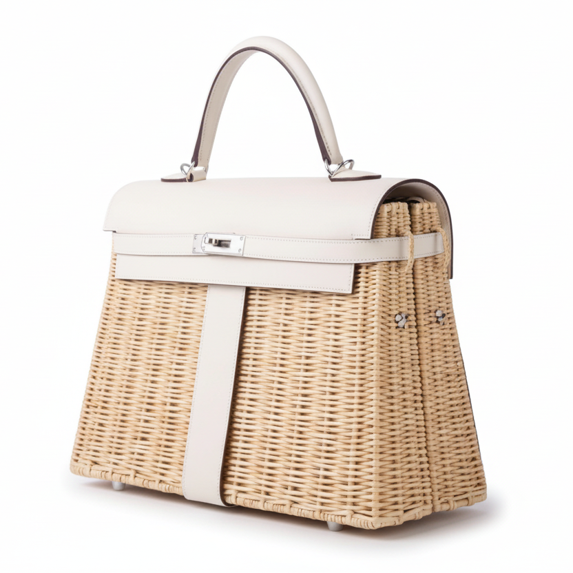 Hermès Picnic Kelly 35 Nata Swift and Osier Wicker Palladium Hardware