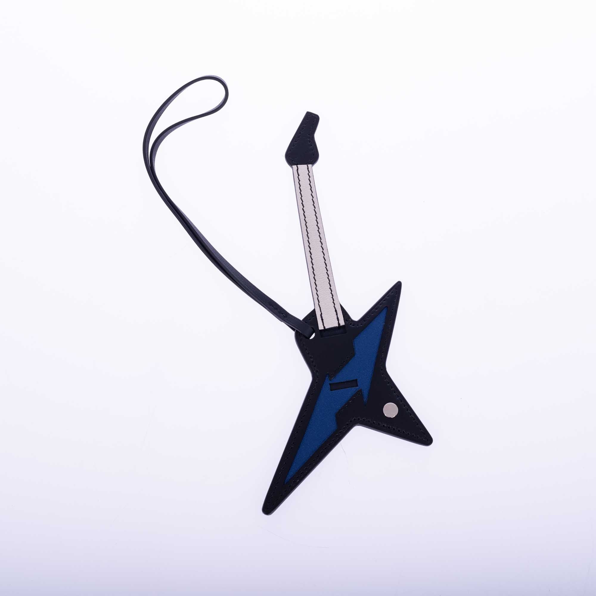 Hermès Rock Guitar Bag Charm Noir Bleu Craie Palladium