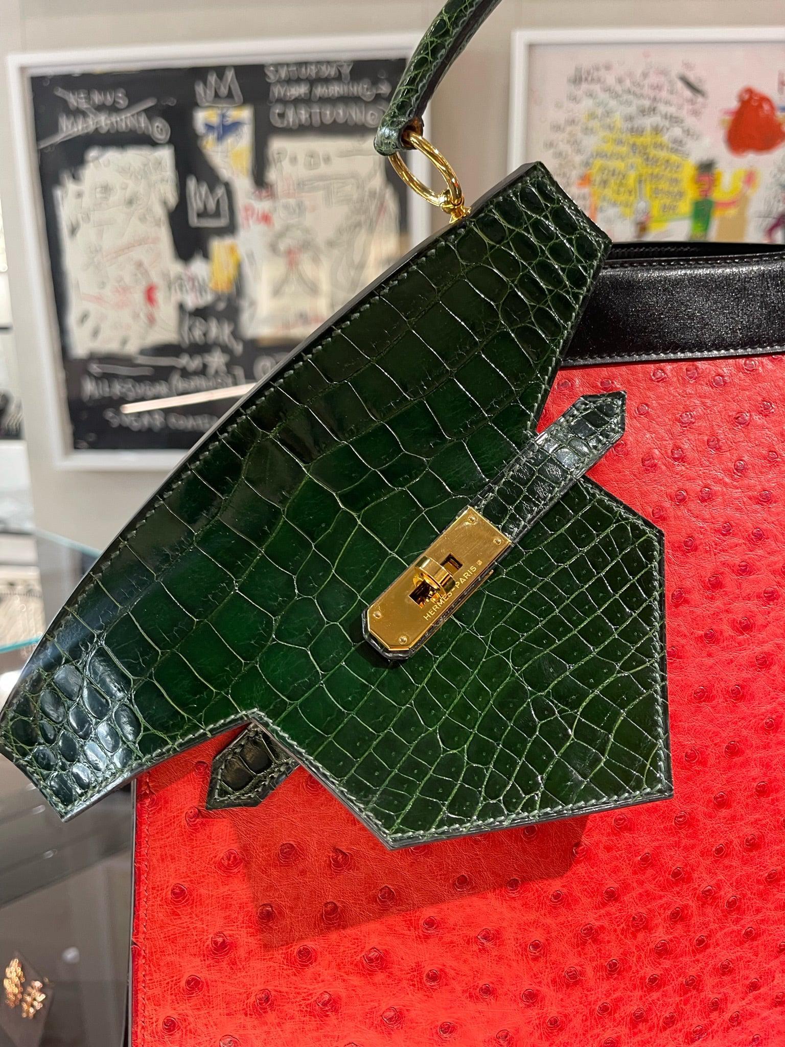 Hermès Sac Himalaya Symbiose Rouge Vif Ostrich, Doblis Suede, Box, and Porosus Crocodile Gold Hardware