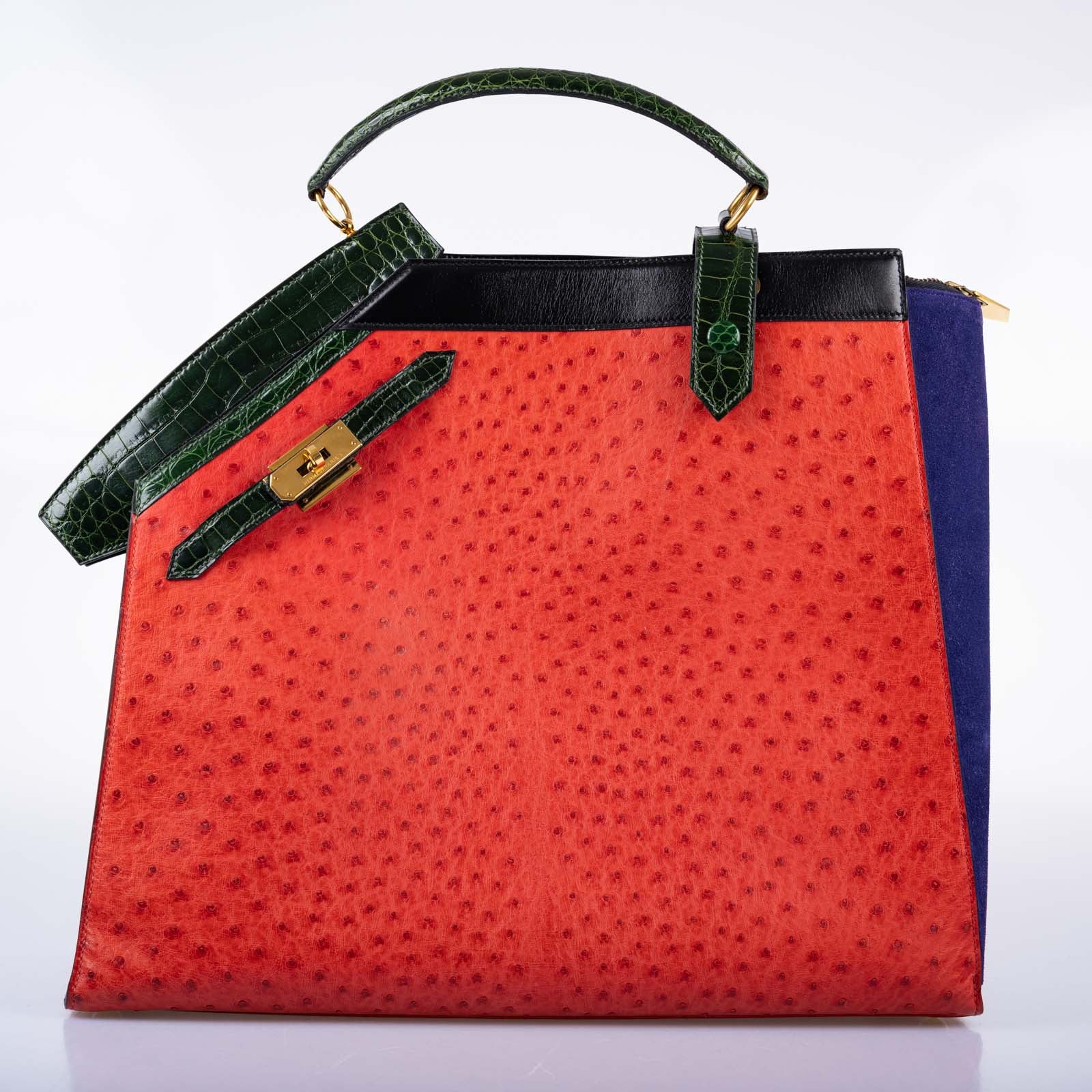Hermès Sac Himalaya Symbiose Rouge Vif Ostrich, Doblis Suede, Box, and Porosus Crocodile Gold Hardware