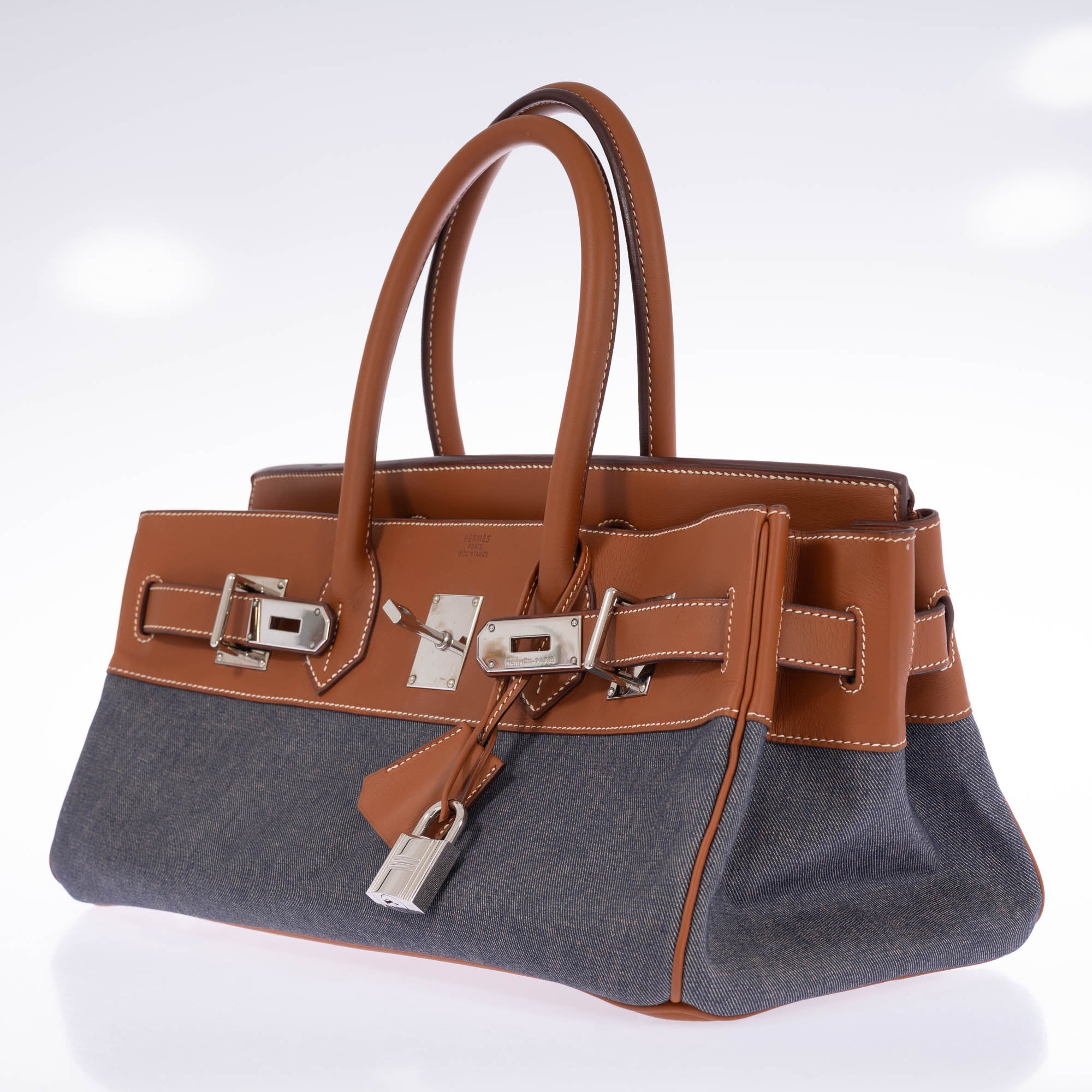 Hermès Shoulder Birkin 42 JPG Fauve Barenia and Dark Blue Denim Palladium Hardware