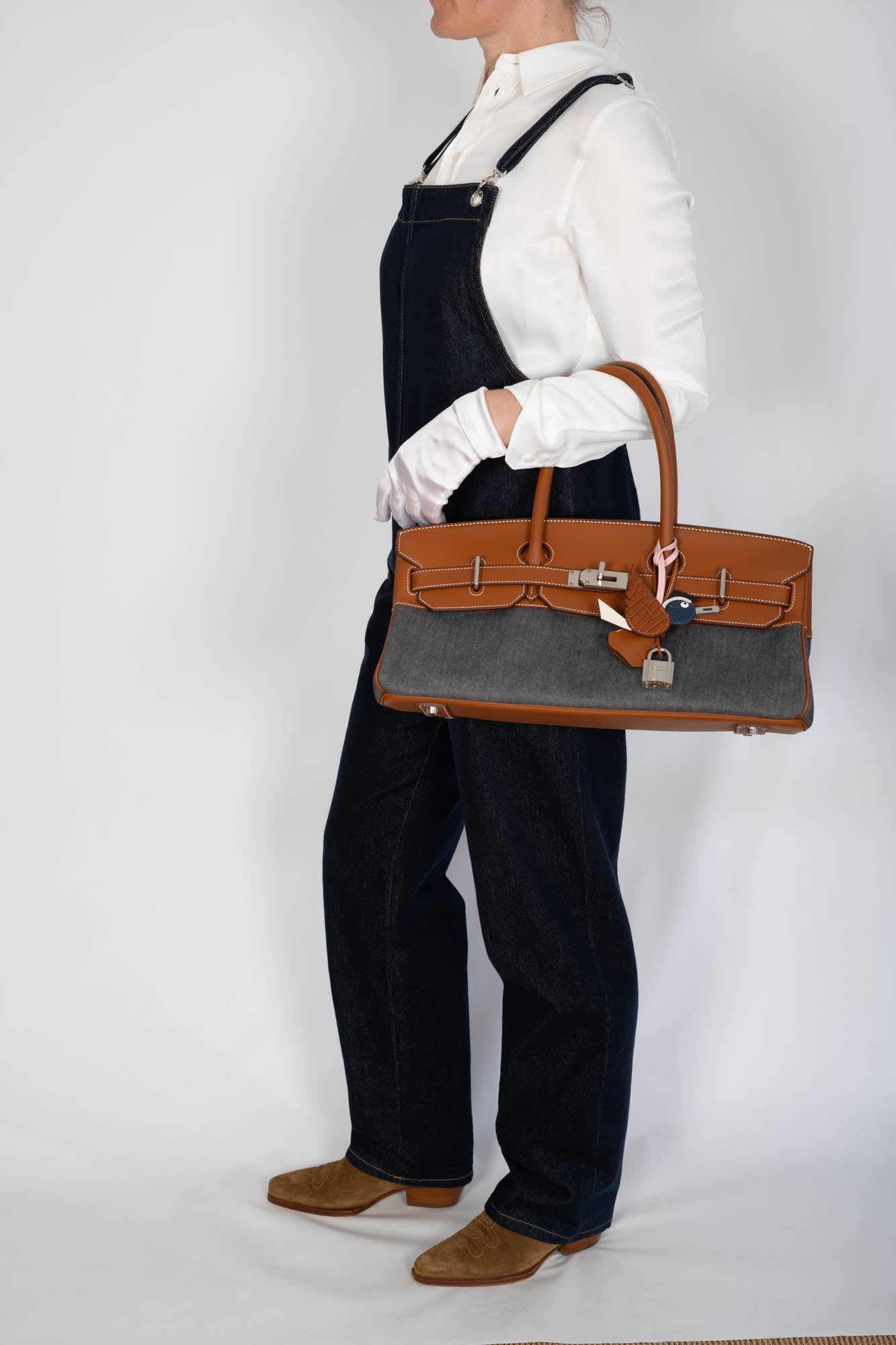 Hermès Shoulder Birkin 42 JPG Fauve Barenia and Dark Blue Denim Palladium Hardware