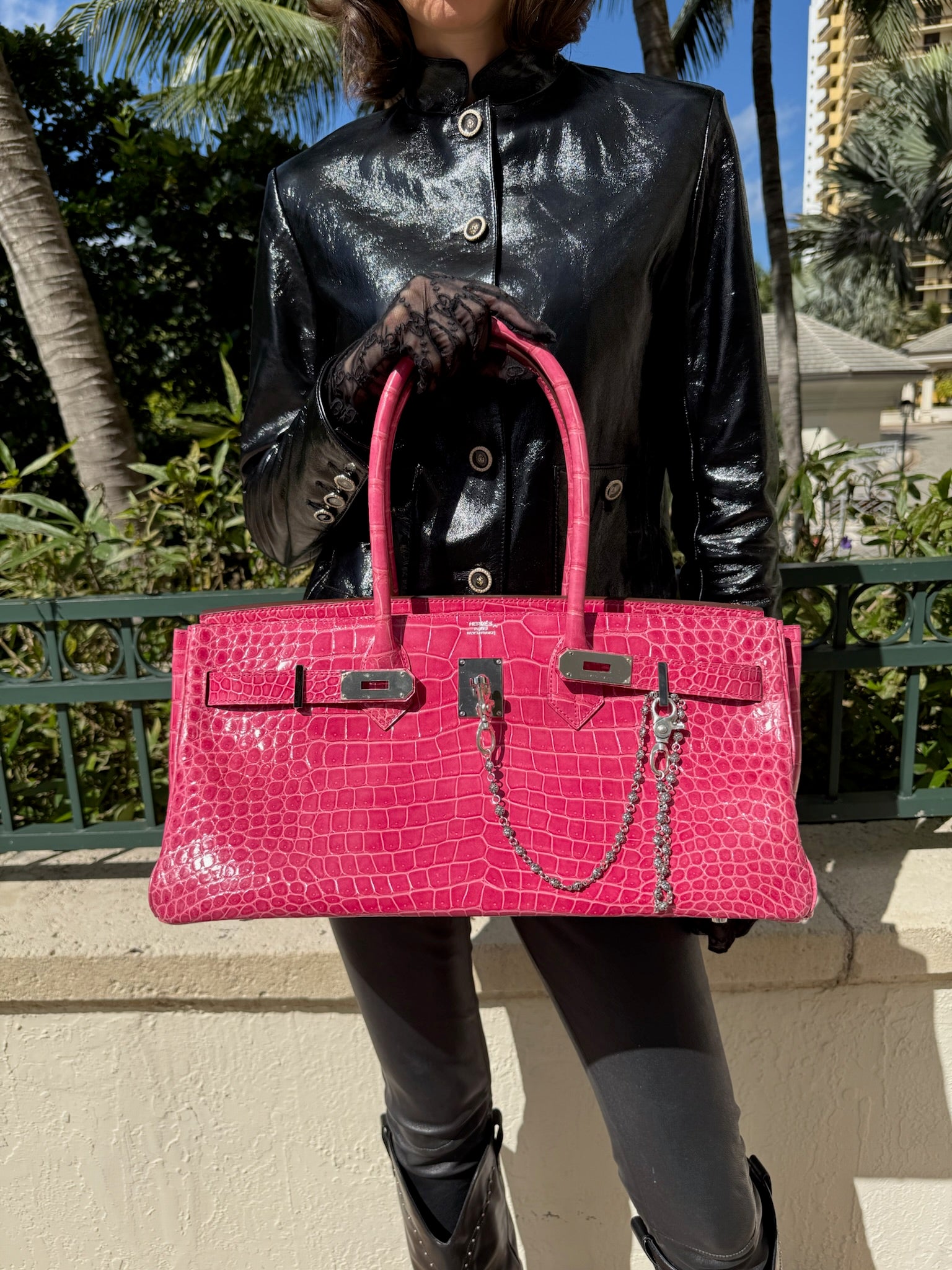 Hermès Shoulder Birkin 42 JPG Rose Tyrien Shiny Porosus Crocodile Palladium Hardware