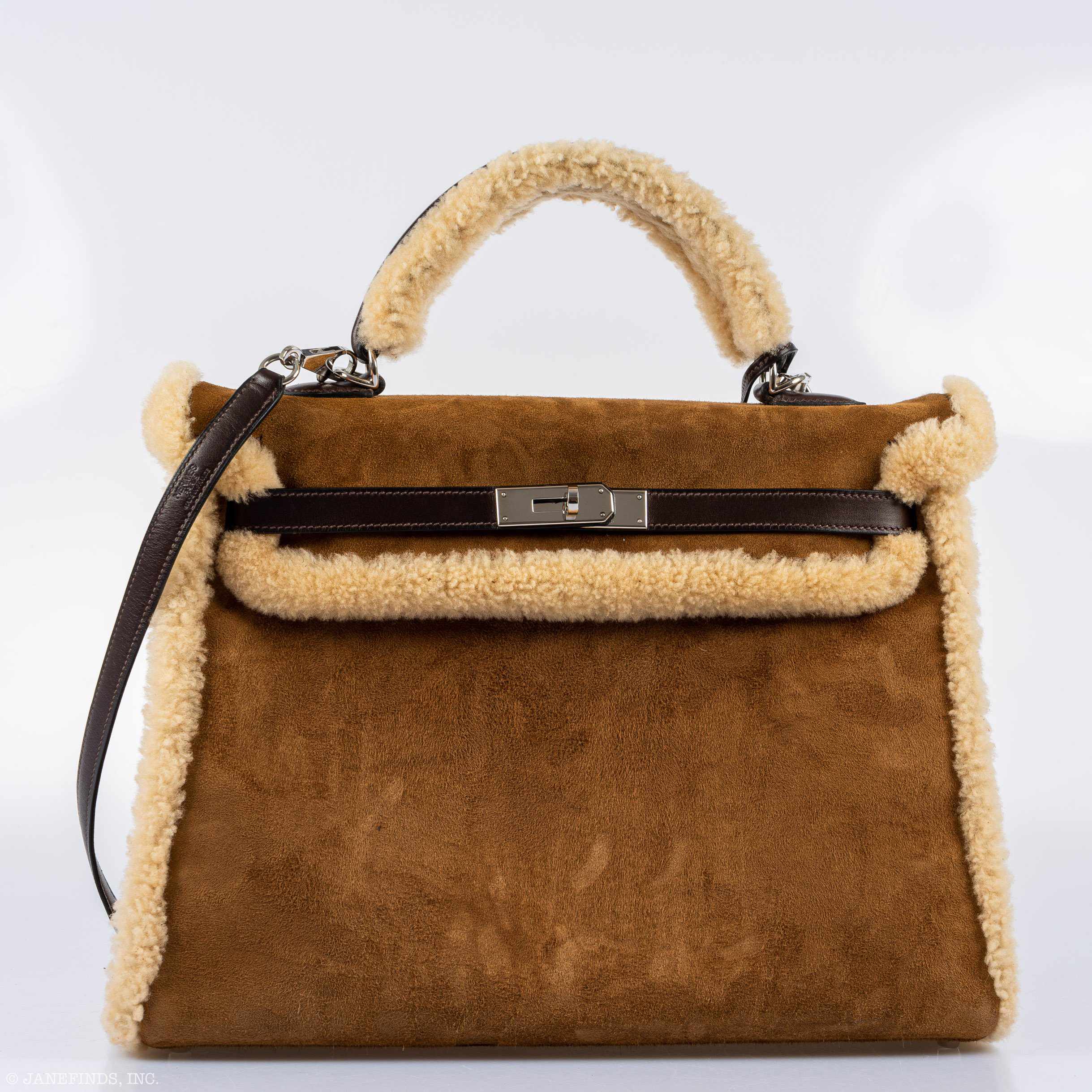 Hermès Teddy Kelly 35 Fauve Doblis Suede and Mouton Shearling Palladium Hardware