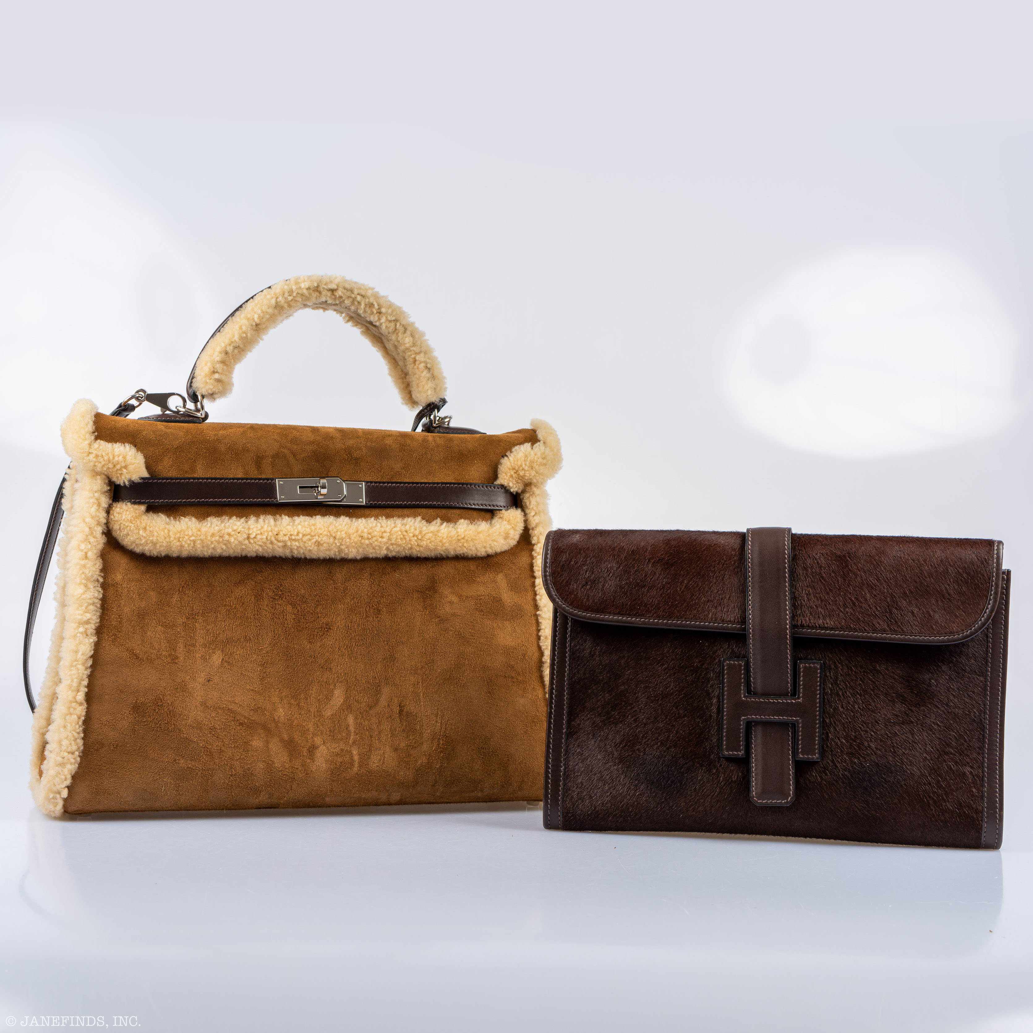 Hermès Teddy Kelly 35 Fauve Doblis Suede and Mouton Shearling Palladium Hardware