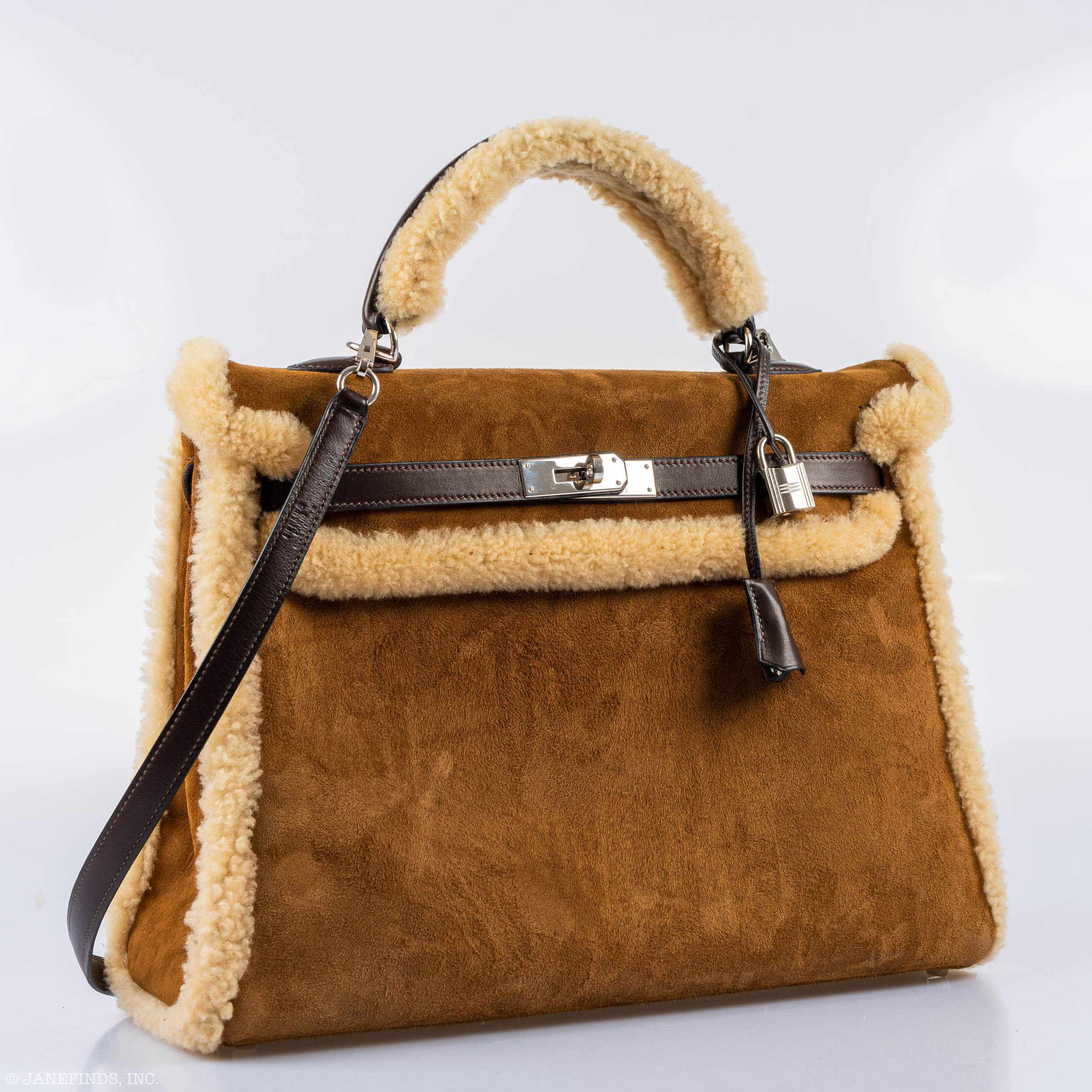 Hermès Teddy Kelly 35 Fauve Doblis Suede and Mouton Shearling Palladium Hardware
