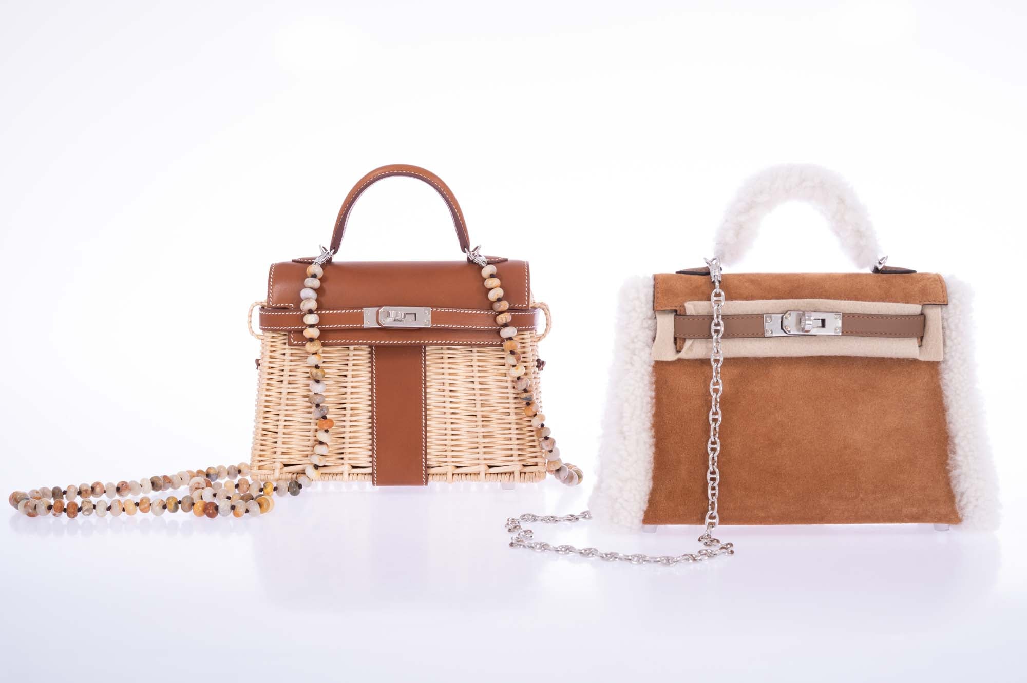 Hermès Teddy Mini Kelly 20 Chamois Grizzly, Alezan Swift and Ecru Mouton Shearling Palladium Hardware