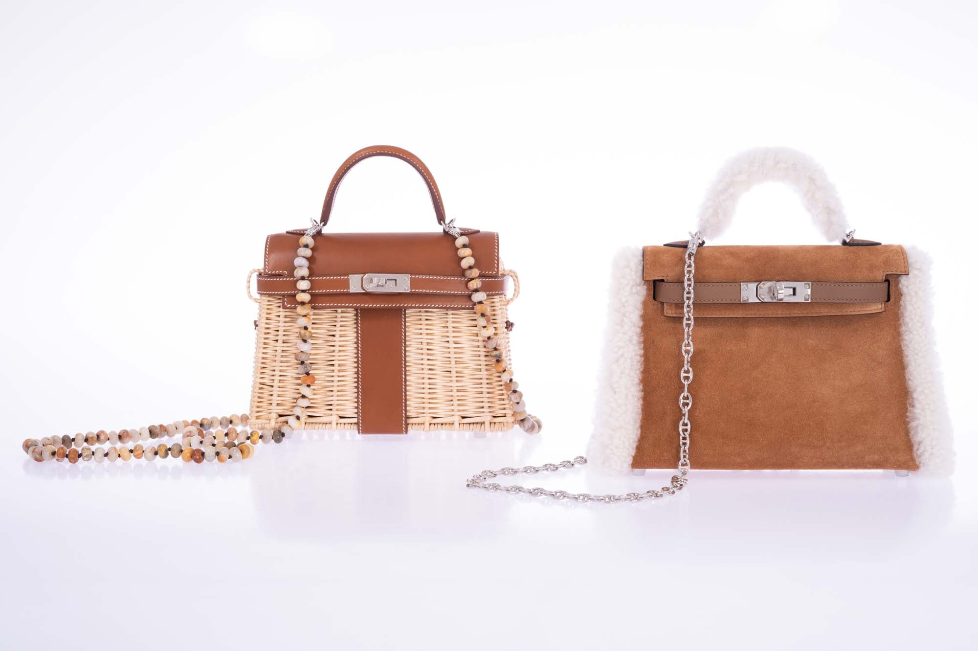 Hermès Teddy Mini Kelly 20 Chamois Grizzly, Alezan Swift and Ecru Mouton Shearling Palladium Hardware