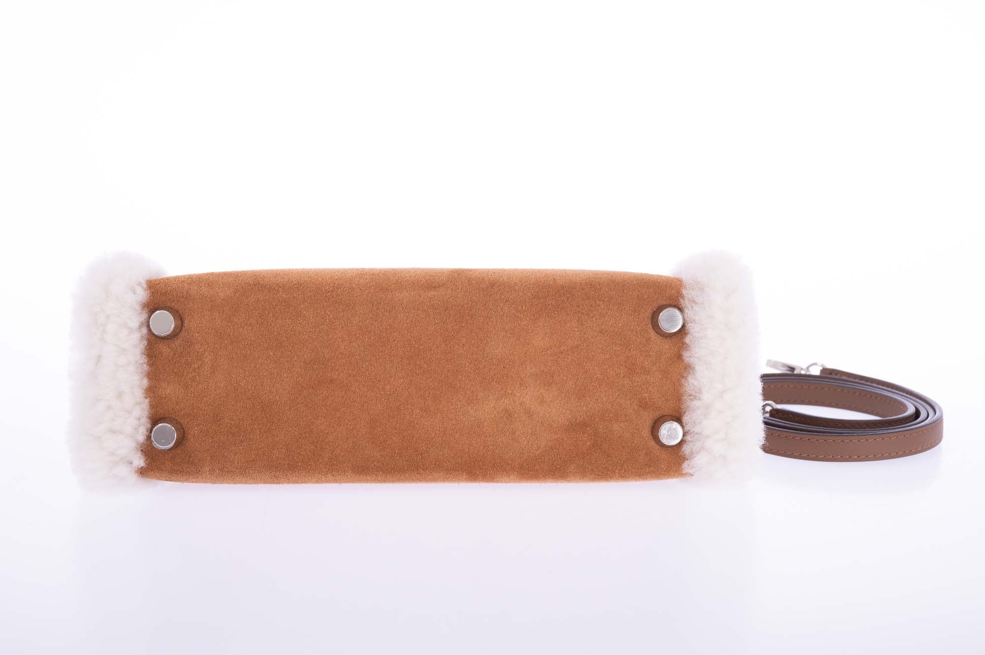 Hermès Teddy Mini Kelly 20 Chamois Grizzly, Alezan Swift and Ecru Mouton Shearling Palladium Hardware