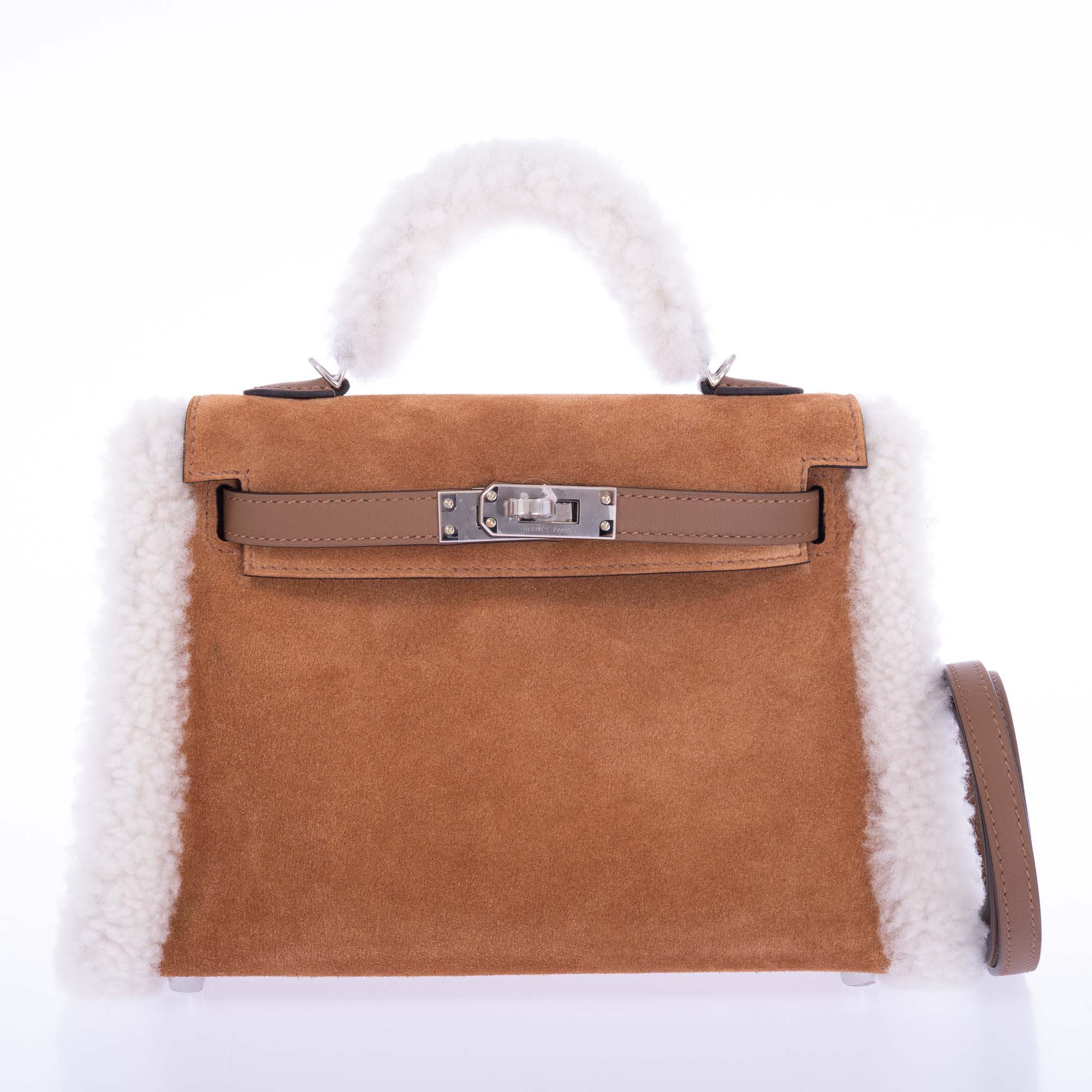 Hermès Teddy Mini Kelly 20 Chamois Grizzly, Alezan Swift and Ecru Mouton Shearling Palladium Hardware