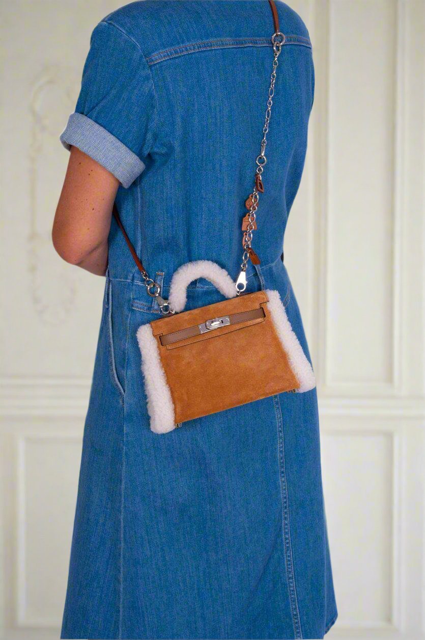 Hermès Teddy Mini Kelly 20 Chamois Grizzly, Alezan Swift and Ecru Mouton Shearling Palladium Hardware