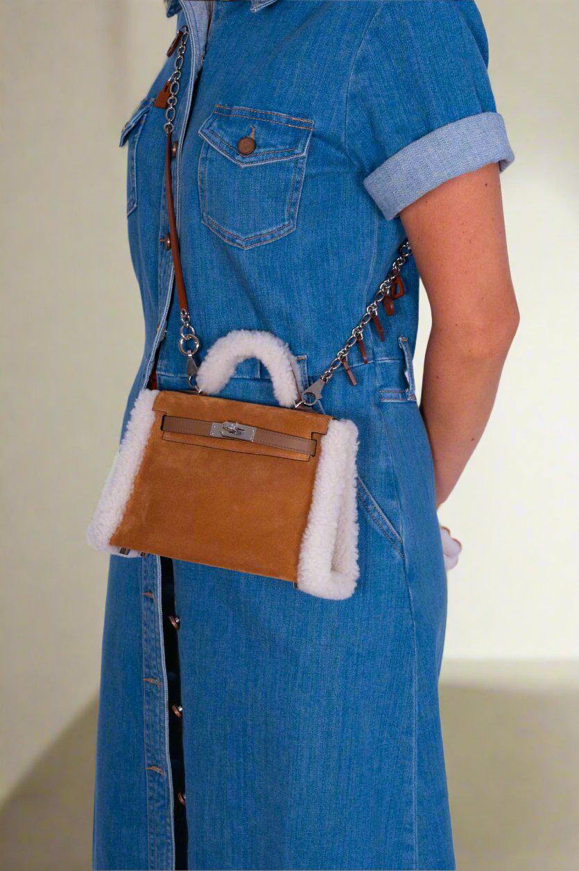 Hermès Teddy Mini Kelly 20 Chamois Grizzly, Alezan Swift and Ecru Mouton Shearling Palladium Hardware