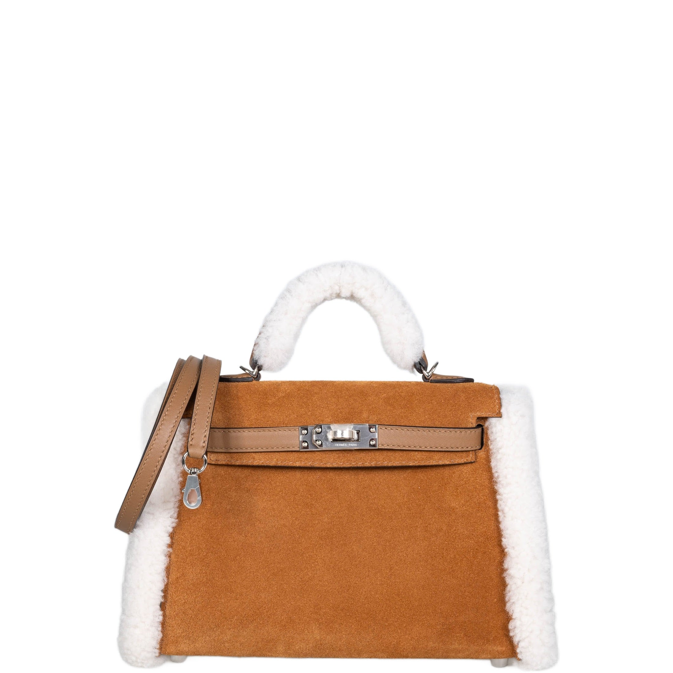 Hermès Teddy Mini Kelly 20 Chamois Grizzly, Alezan Swift and Ecru Mouton Shearling Palladium Hardware