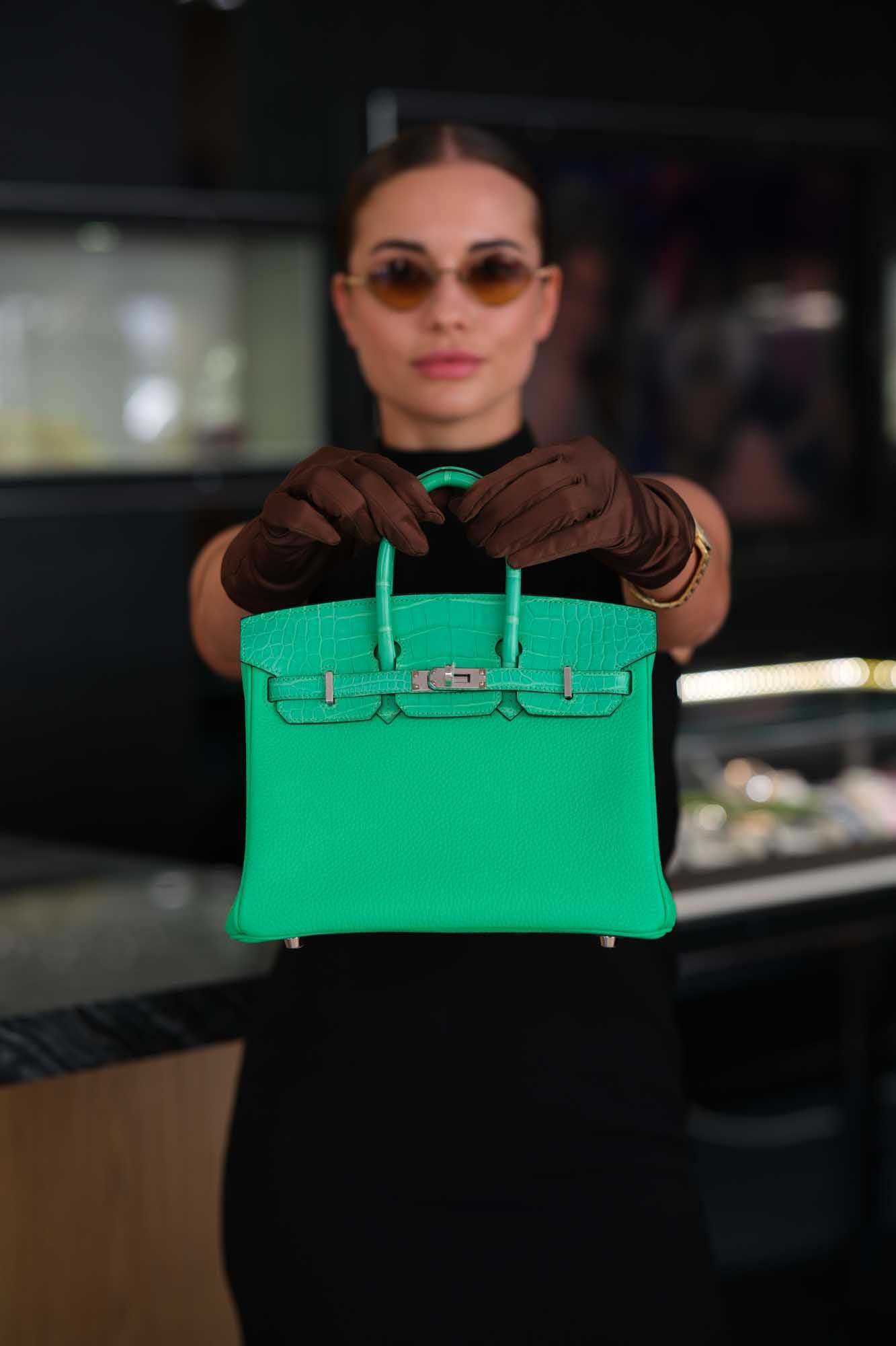 Hermès Touch Birkin 25 Vert Comics Matte Alligator and Togo Palladium Hardware