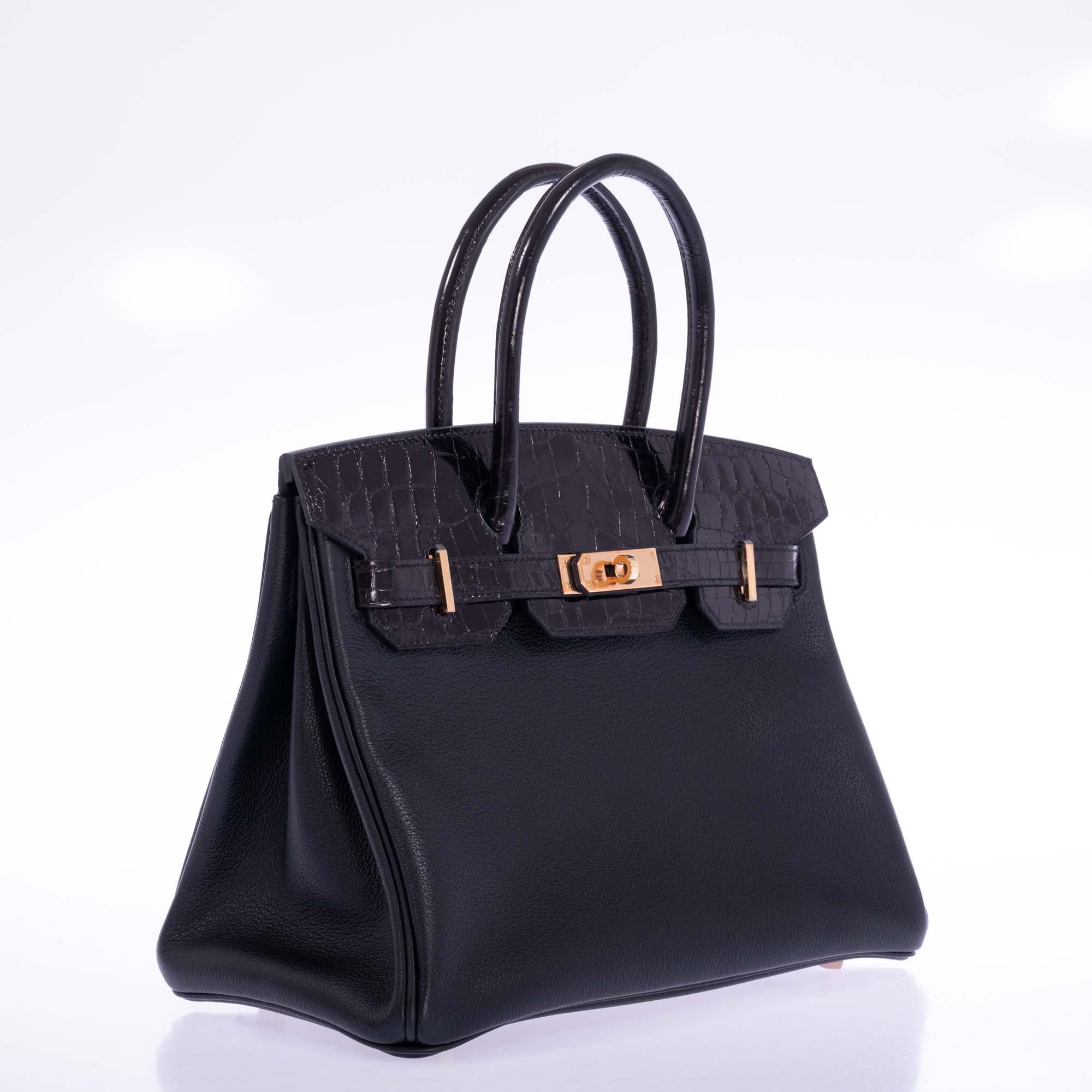 Hermès Touch Birkin 30 Black Shiny Nilo Crocodile and Togo Rose Gold Hardware