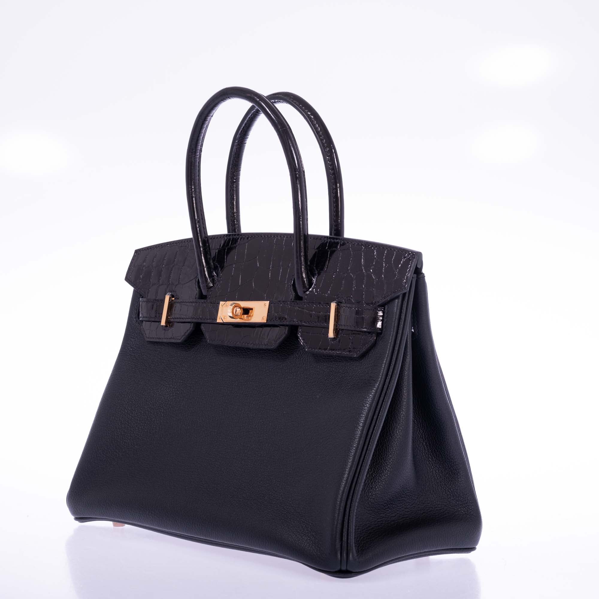 Hermès Touch Birkin 30 Black Shiny Nilo Crocodile and Togo Rose Gold Hardware