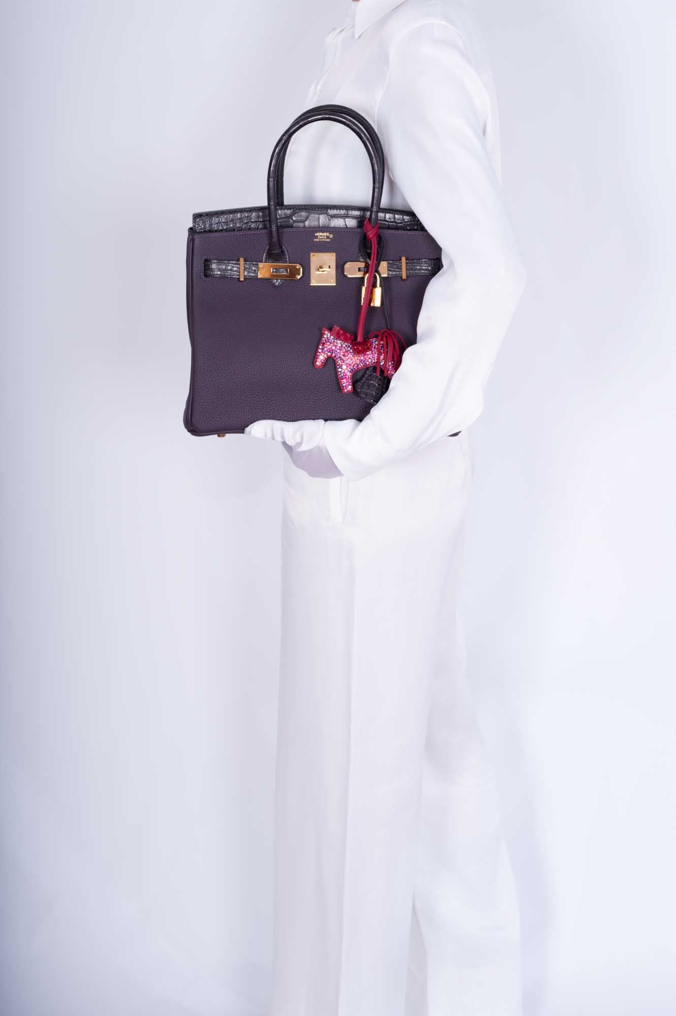 Hermès Touch Birkin 30 Prunoir Togo Raisin Matte Alligator Rose Gold Hardware