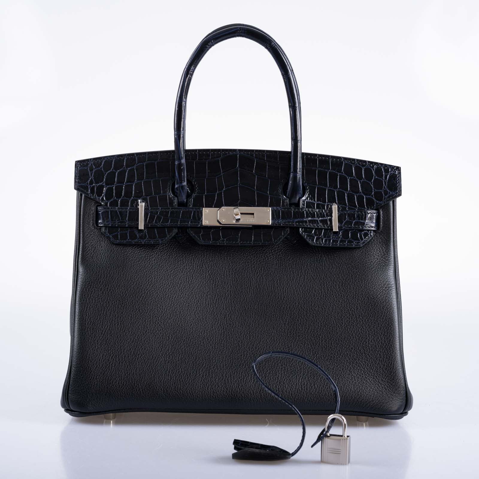 Hermès Touch Birkin 30 Shiny Bleu Marine Nilo Crocodile and Black Novillo Palladium Hardware