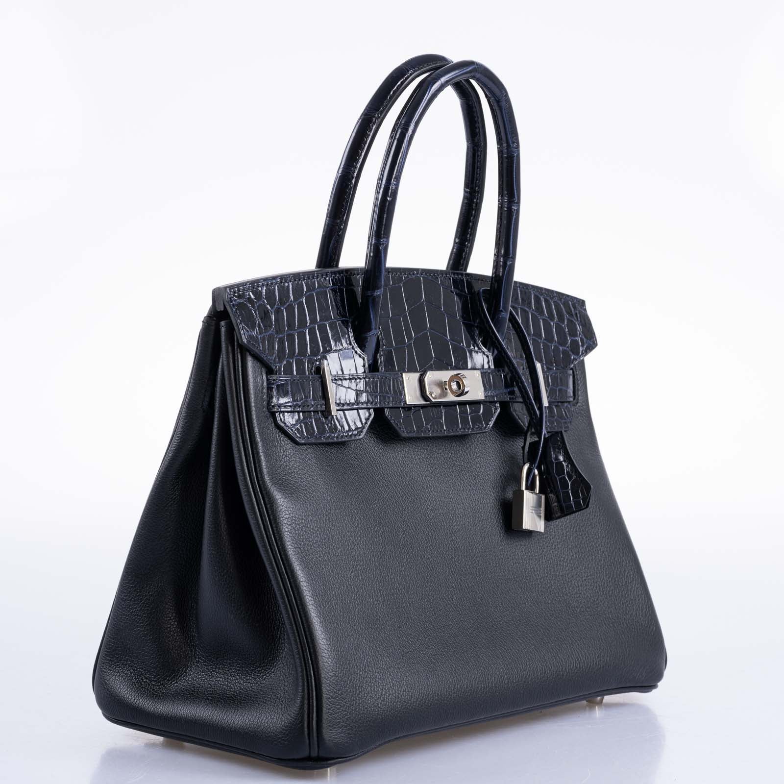 Hermès Touch Birkin 30 Shiny Bleu Marine Nilo Crocodile and Black Novillo Palladium Hardware