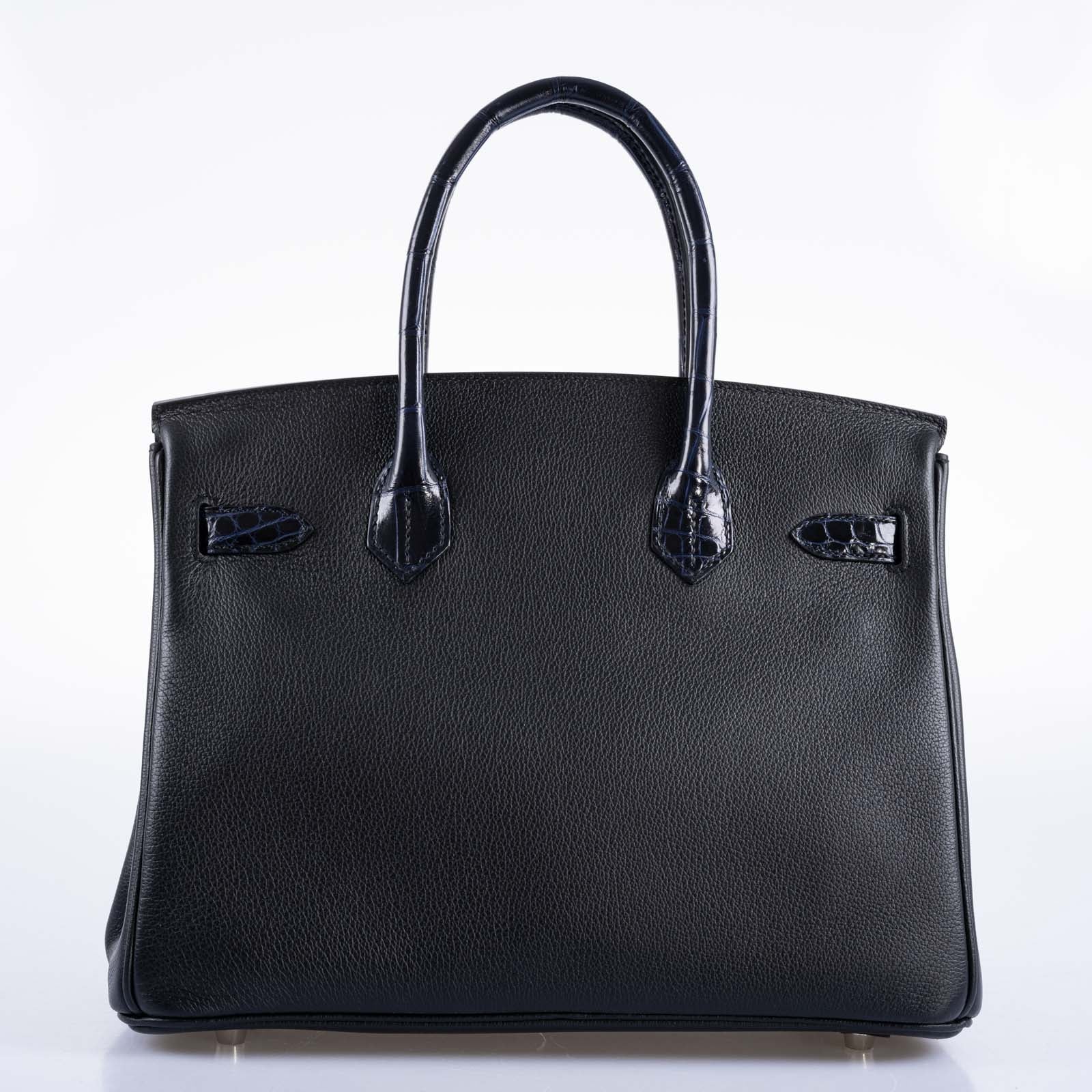 Hermès Touch Birkin 30 Shiny Bleu Marine Nilo Crocodile and Black Novillo Palladium Hardware