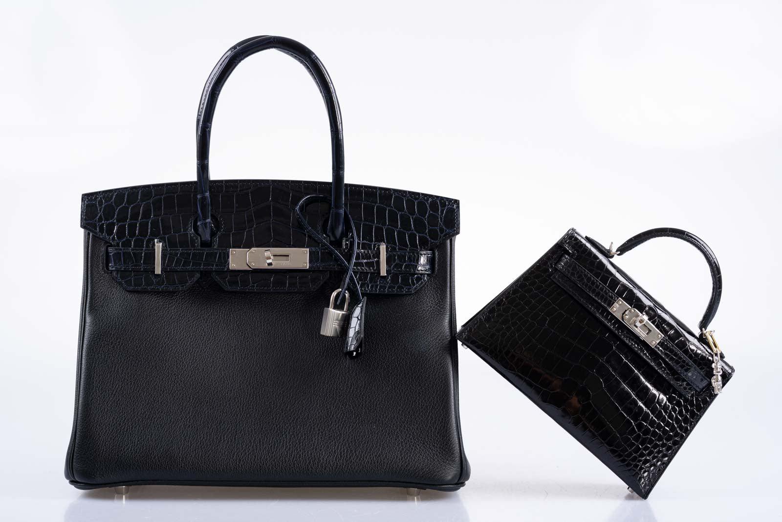 Hermès Touch Birkin 30 Shiny Bleu Marine Nilo Crocodile and Black Novillo Palladium Hardware