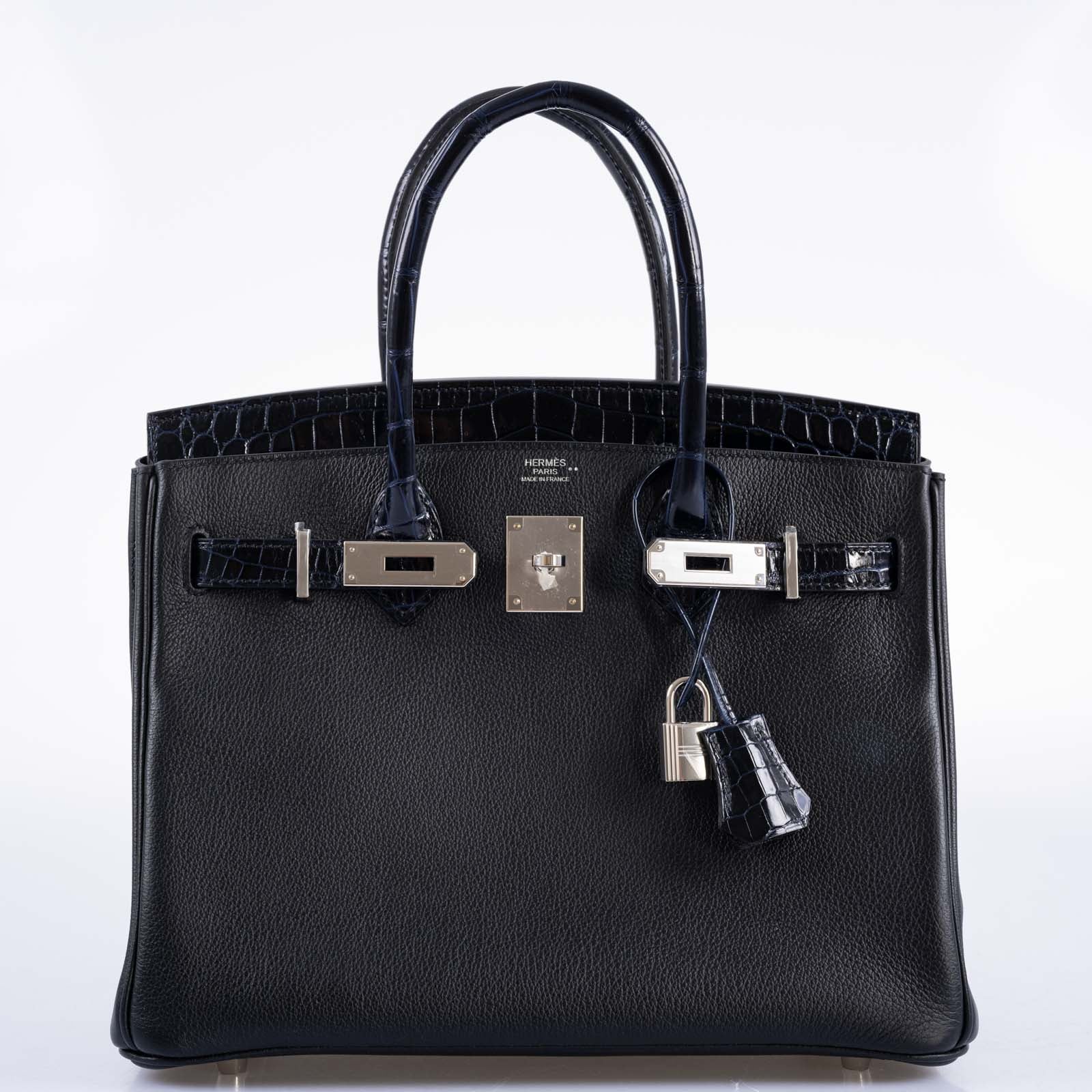 Hermès Touch Birkin 30 Shiny Bleu Marine Nilo Crocodile and Black Novillo Palladium Hardware