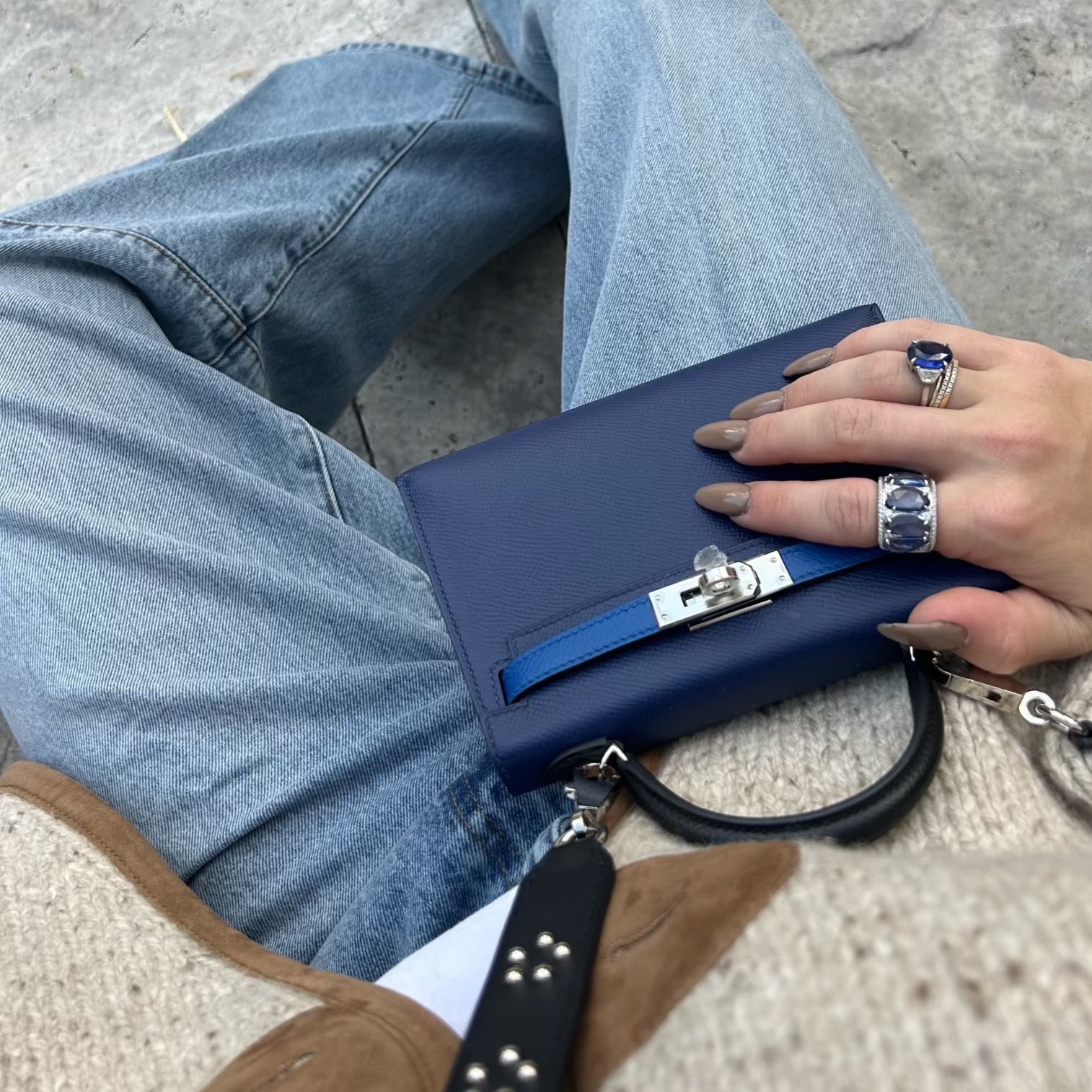 Hermès Tricolor Mini Kelly 20 Bleu Saphir, France, and Black Epsom Palladium Hardware