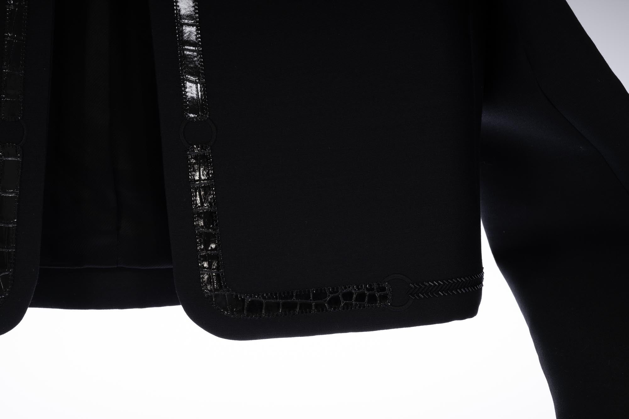 Hermès Veste Spencer Brodée Black Wool & Silk Crepe with Crocodile Detail