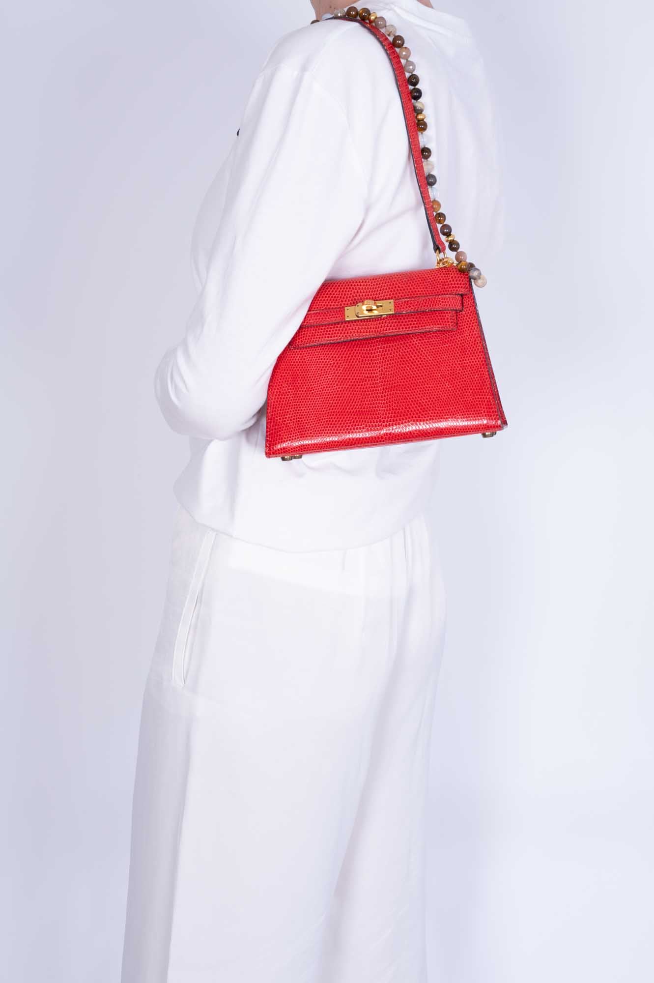 Hermès Vintage Mini Shoulder Kelly 20 Rouge Vif Lizard Gold Hardware