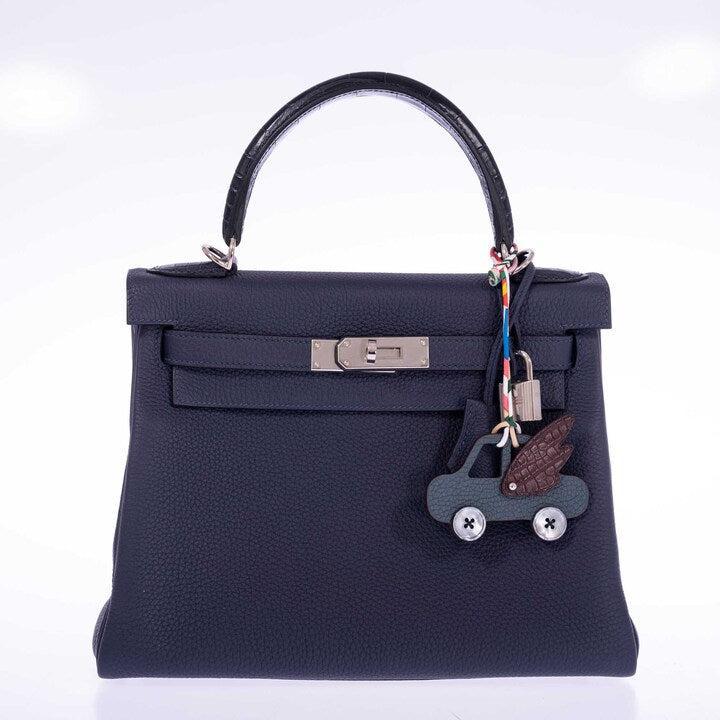 Hermès petit h Winged Car Charm Vert Amande Tog and Chocolate Alligator Mother of Pearl Buttons