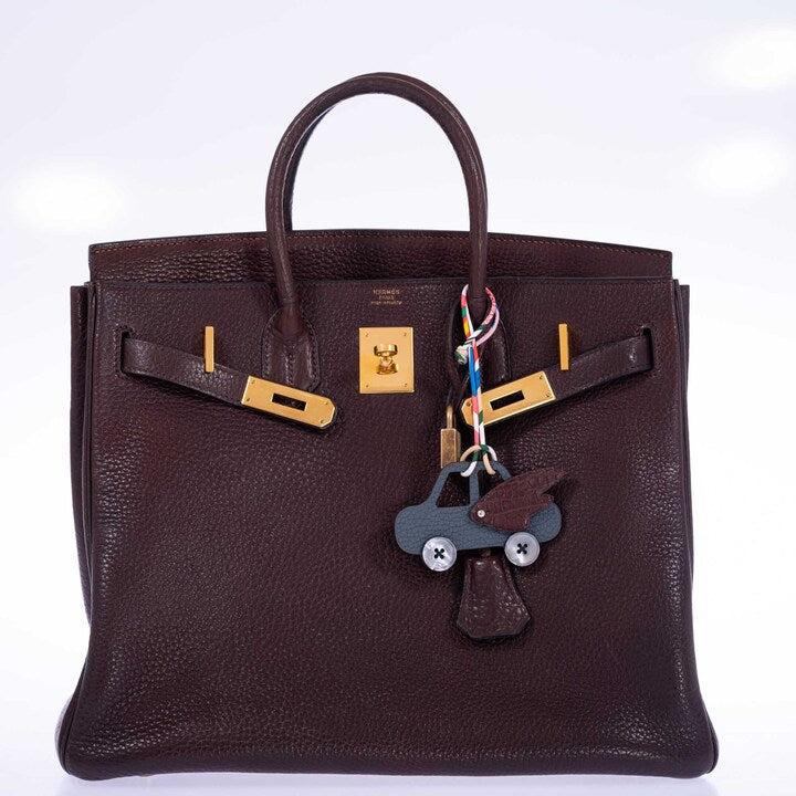 Hermès petit h Winged Car Charm Vert Amande Tog and Chocolate Alligator Mother of Pearl Buttons