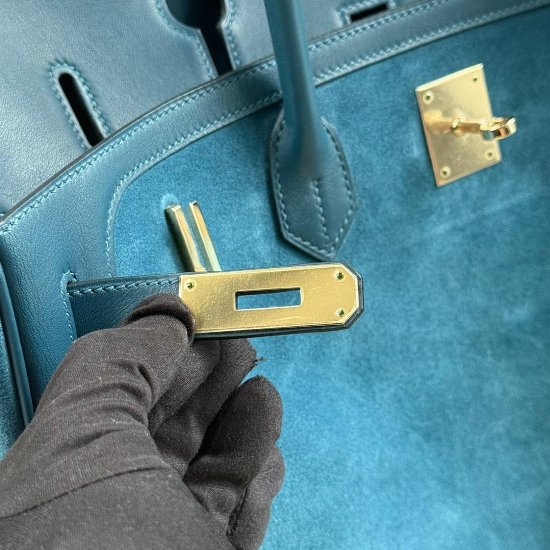 Hermès Birkin 40 Blue Thalassa Grizzly Suede, Swift Permabrass Hardware
