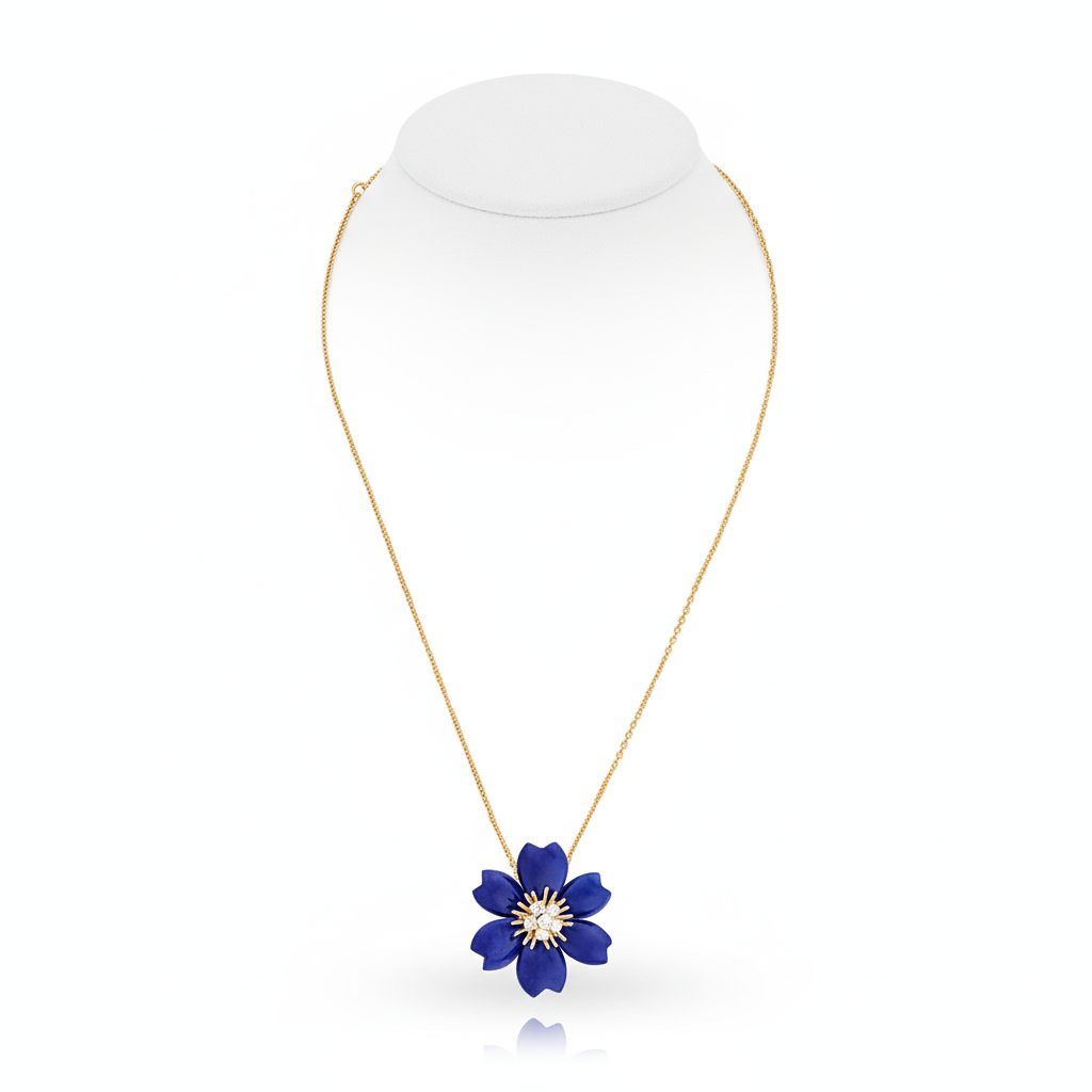 Van Cleef & Arpels Rose de Noël Clip Pendant Small Model Lapis Lazuli Diamond 18K Yellow Gold