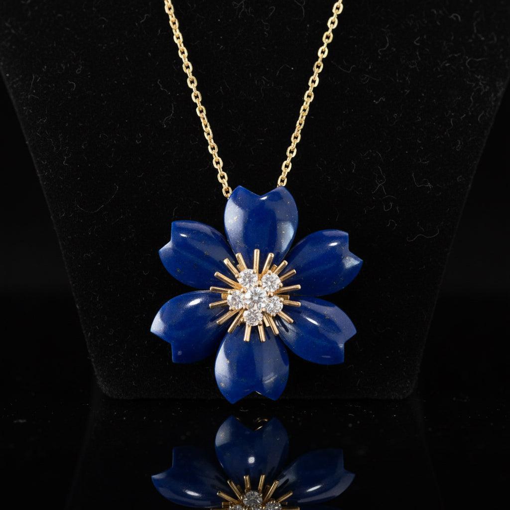 Van Cleef & Arpels Rose de Noël Clip Pendant Small Model Lapis Lazuli Diamond 18K Yellow Gold