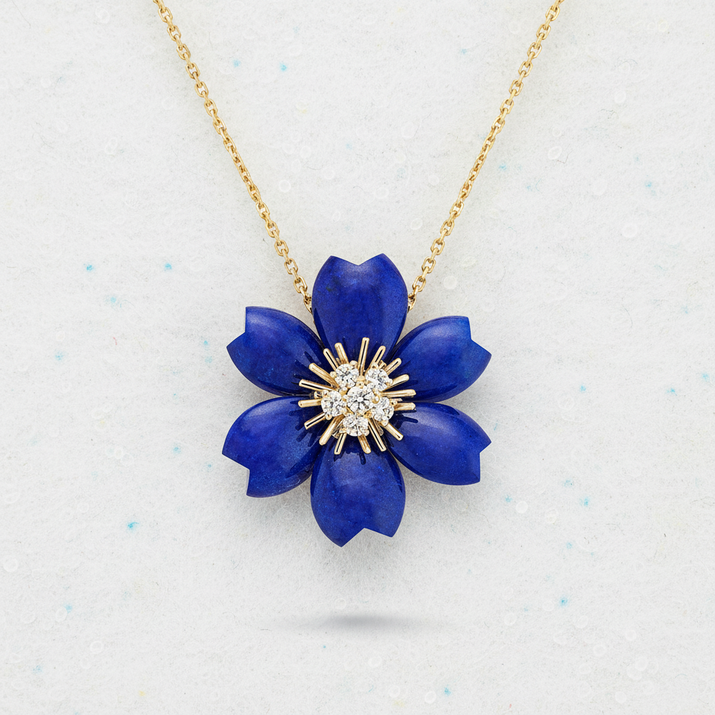 Van Cleef & Arpels Rose de Noël Clip Pendant Small Model Lapis Lazuli Diamond 18K Yellow Gold